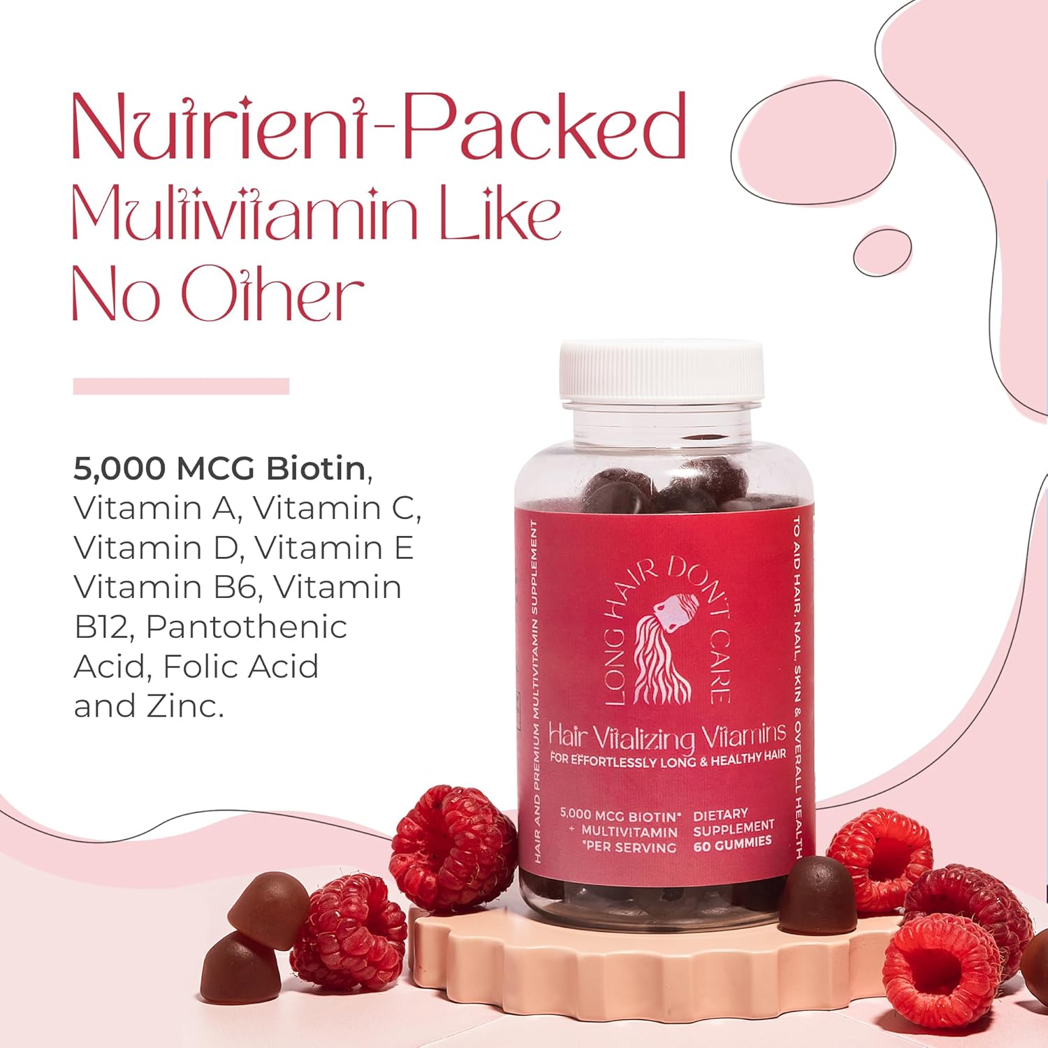 Non-GMO Hair Vitamins for Men and Women - Long Hair Vitalizing Gummies with Pantothenic Acid, Folic Acid, and Biotin - 60 Count