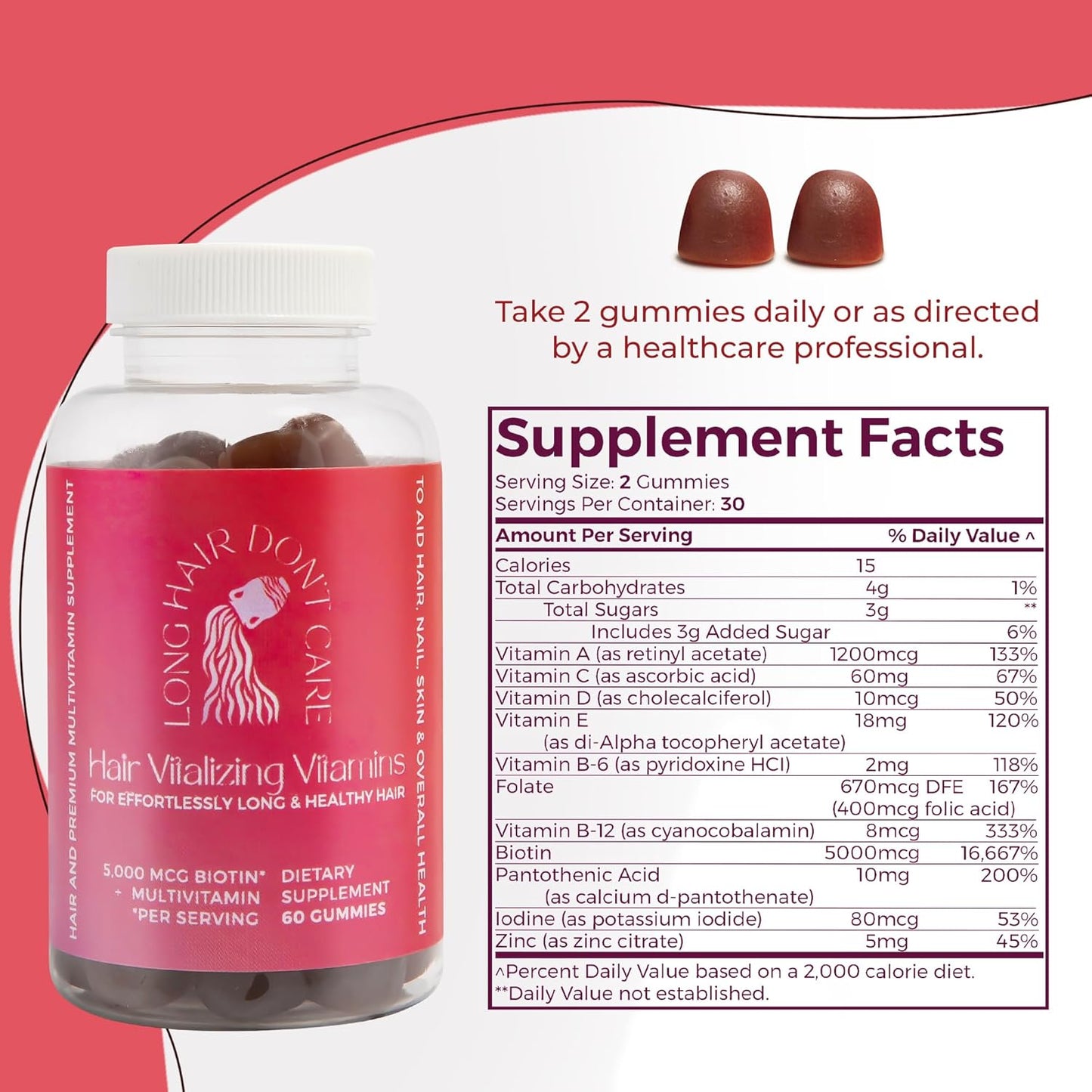 Non-GMO Hair Vitamins for Men and Women - Long Hair Vitalizing Gummies with Pantothenic Acid, Folic Acid, and Biotin - 60 Count