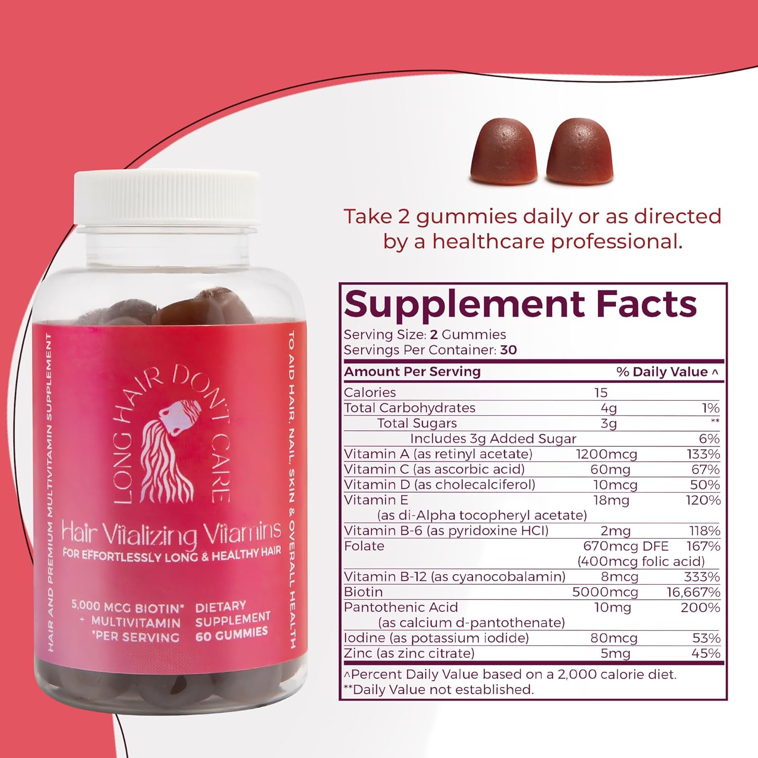 Non-GMO Hair Vitamins for Men and Women - Long Hair Vitalizing Gummies with Pantothenic Acid, Folic Acid, and Biotin - 60 Count