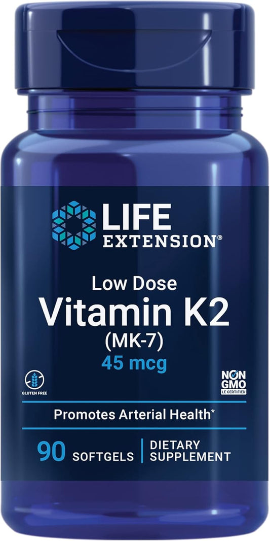 Non-GMO Low Dose Vitamin K2 Softgels for Arterial Health - 90 Gluten-Free Capsules by Life Extension