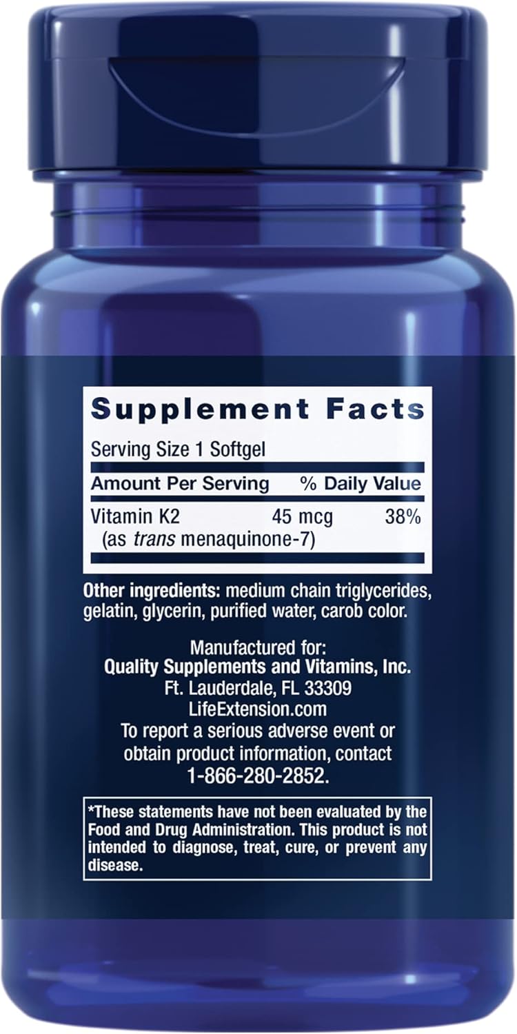 Non-GMO Low Dose Vitamin K2 Softgels for Arterial Health - 90 Gluten-Free Capsules by Life Extension