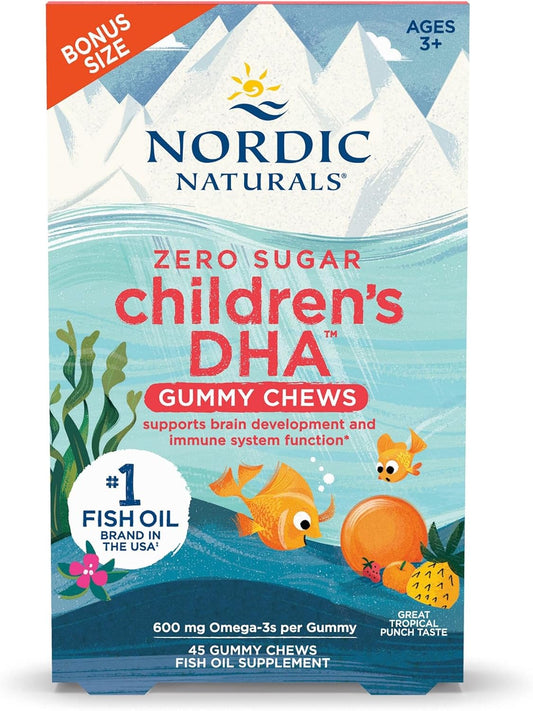 Non-GMO Nordic Naturals Children’s DHA Gummy Chews - 45 Gummies for Brain Development & Immunity - Tropical Punch Flavored Omega-3s - 600 mg Omega-3s