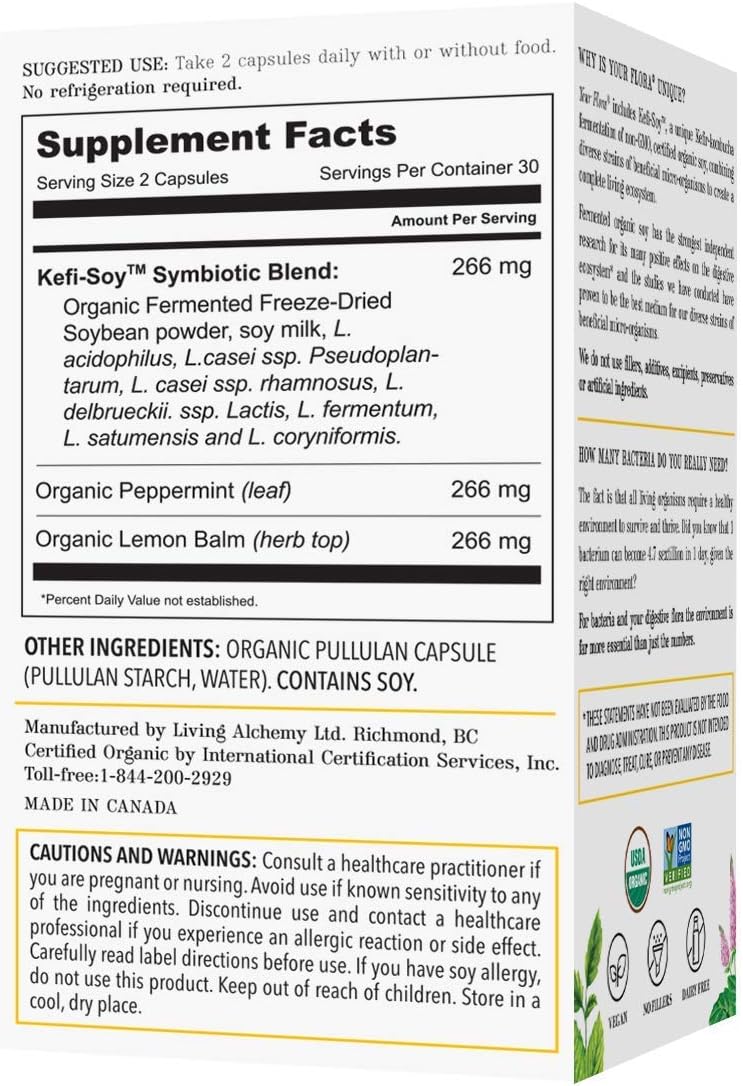 Non-GMO Probiotic Capsules with Fermented Soybean, Lemon Balm, & Peppermint for Gut Balance - Prebiotics, Postbiotics - 60 Daily Capsules