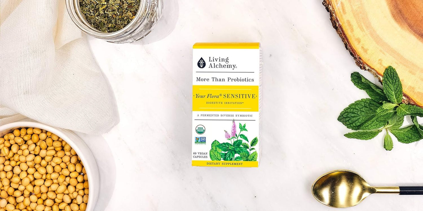 Non-GMO Probiotic Capsules with Fermented Soybean, Lemon Balm, & Peppermint for Gut Balance - Prebiotics, Postbiotics - 60 Daily Capsules