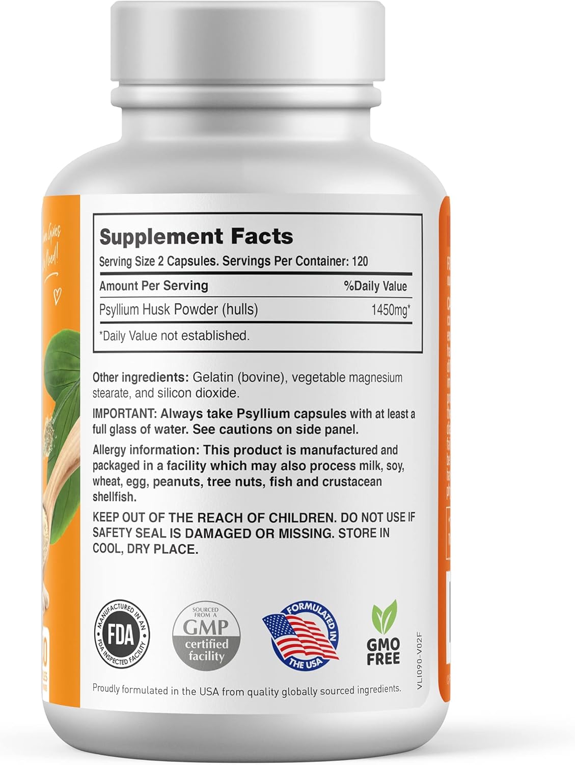 Non-GMO Psyllium Husk Fiber Capsules for Colon Cleanse & Digestive Health - 240 Capsules, 725mg - Prebiotic & Heart Health Supplement