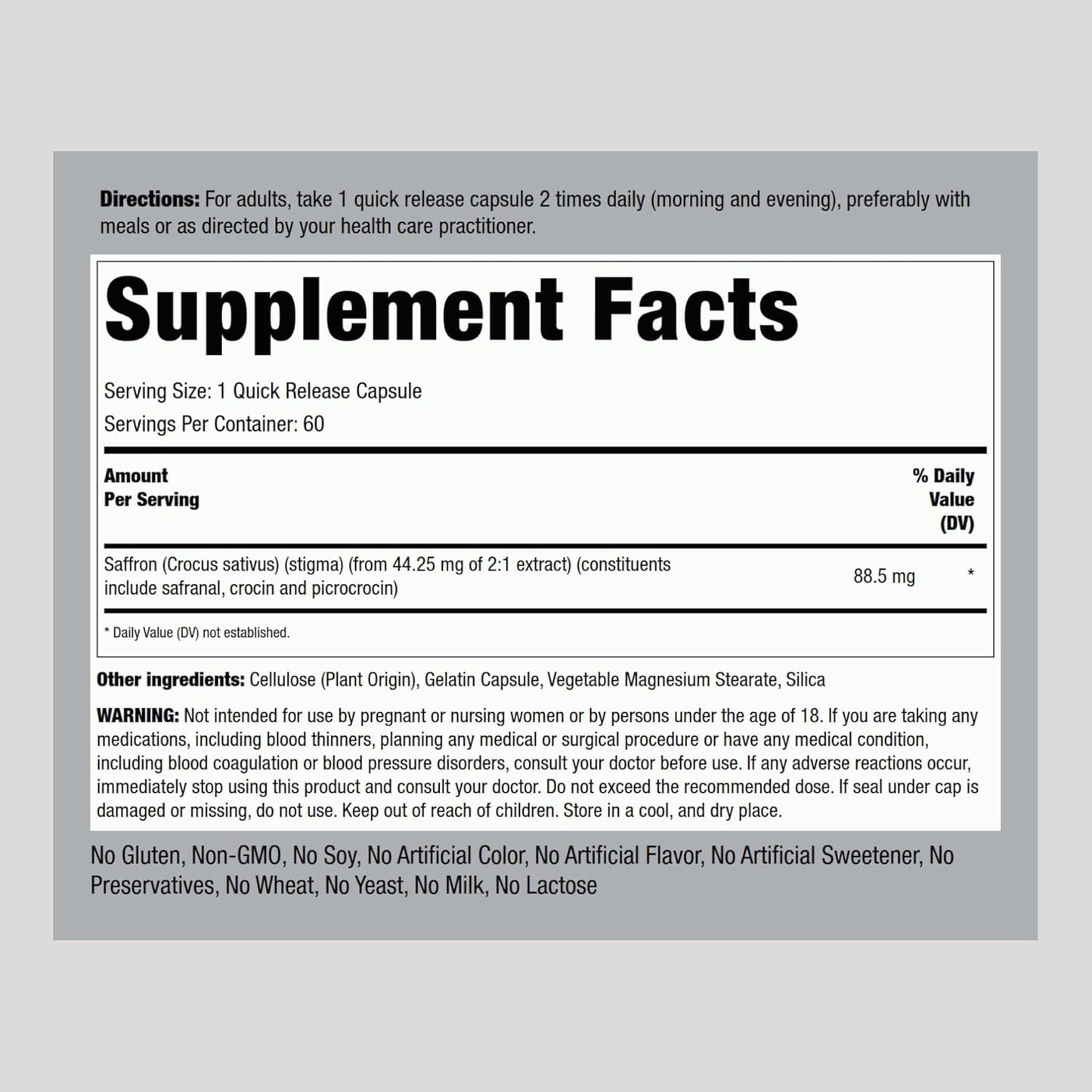Non-GMO Saffron Supplement Capsules for Women & Men - 60 Extract Capsules | Gluten Free by Piping Rock