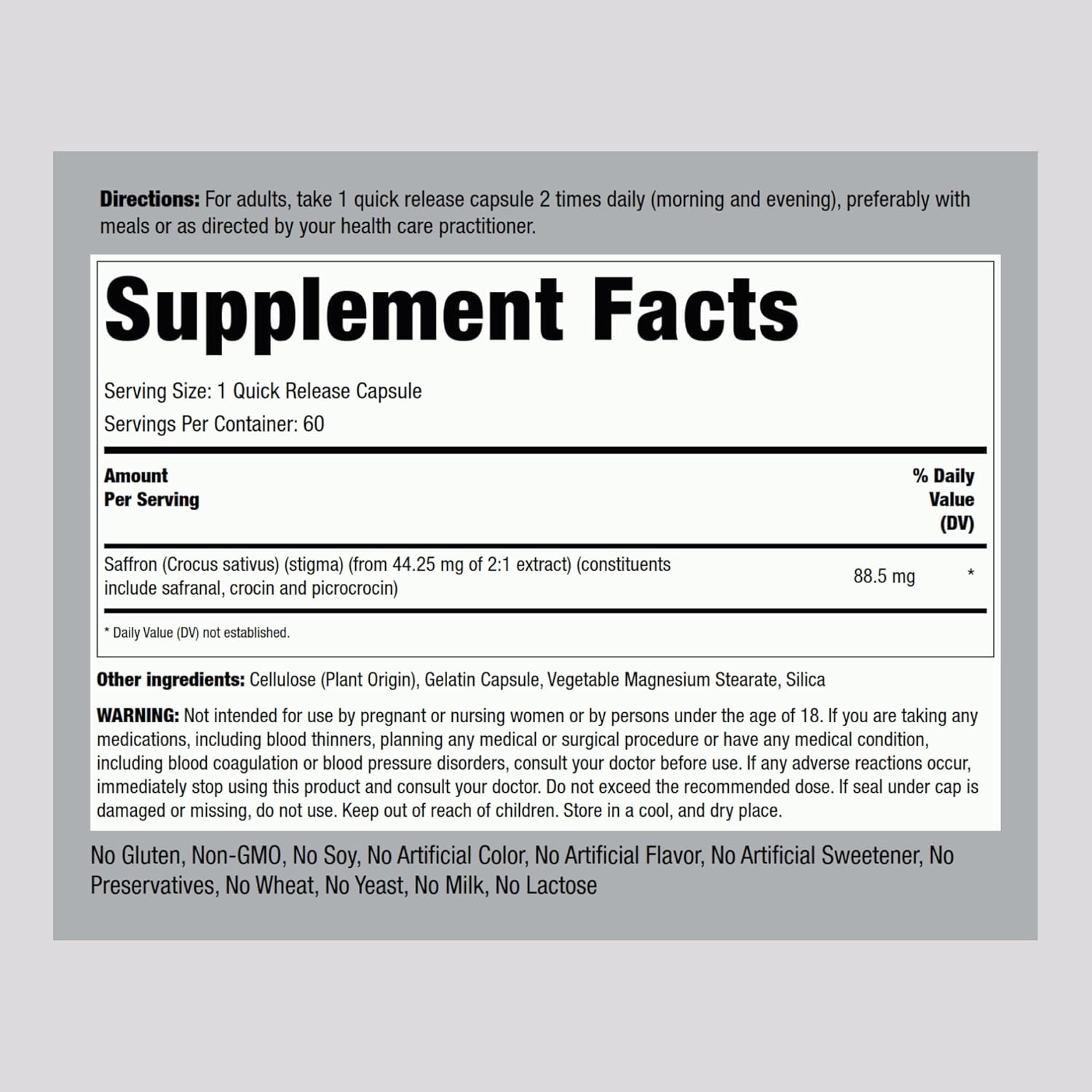 Non-GMO Saffron Supplement Capsules for Women & Men - 60 Extract Capsules | Gluten Free by Piping Rock