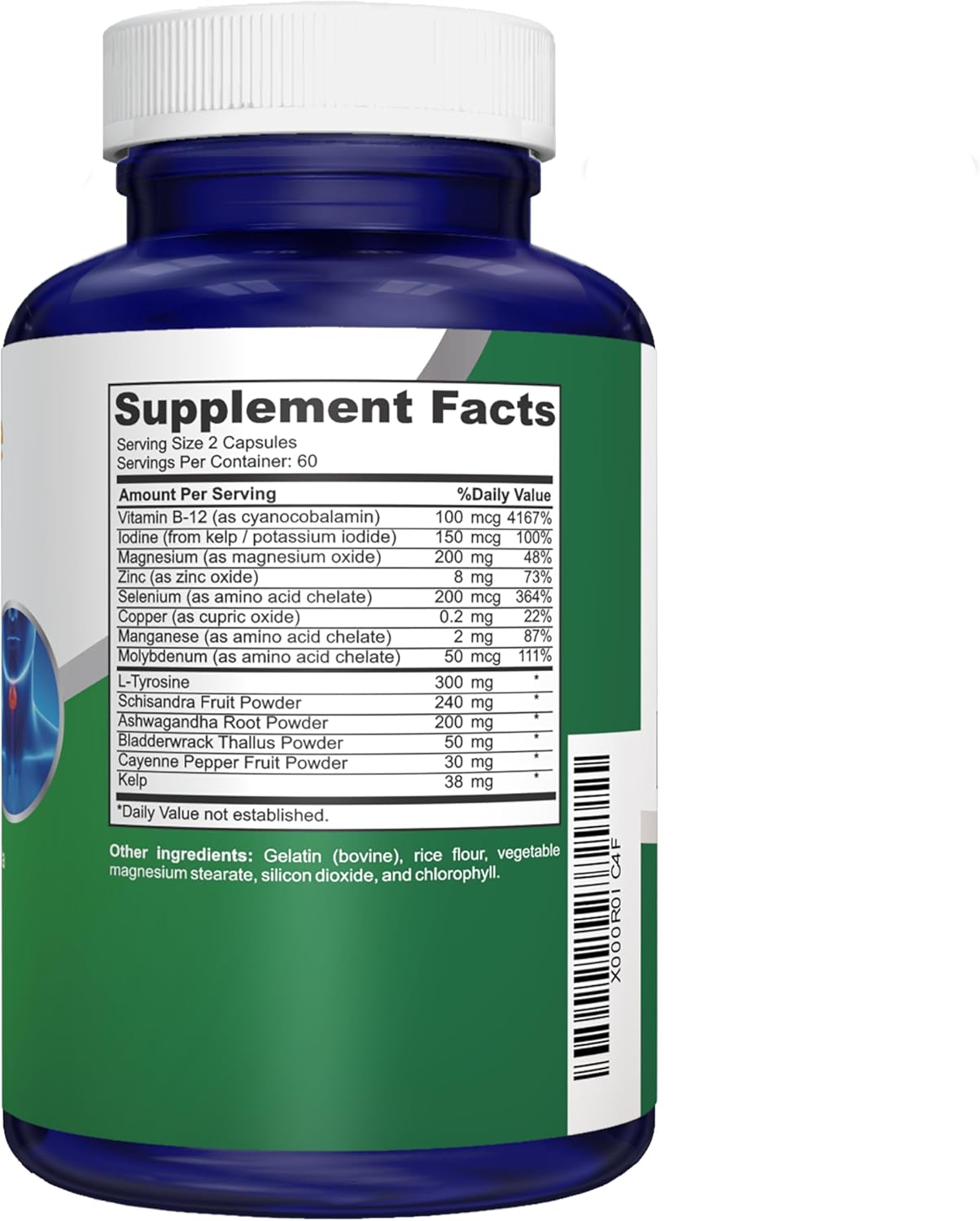 Non-GMO Thyroid Support Supplement with Ashwagandha, Iodine, Zinc, Kelp, Vitamin B12, L-Tyrosine, Selenium, and Copper - 120 Capsules by NusaPure