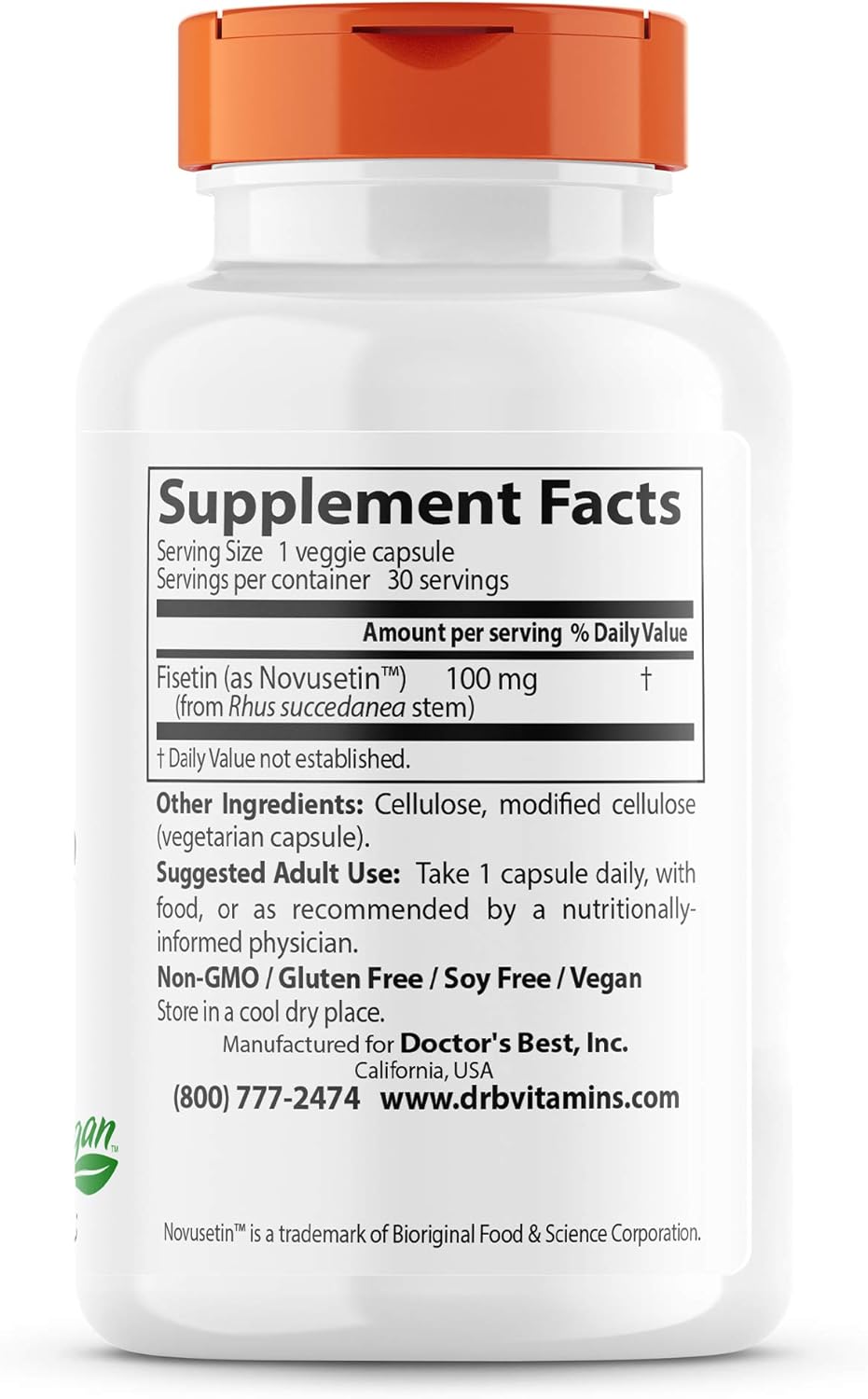 Non-GMO Vegan Fisetin with Novusetin Capsules, Gluten & Soy Free - 100mg, 30 Count