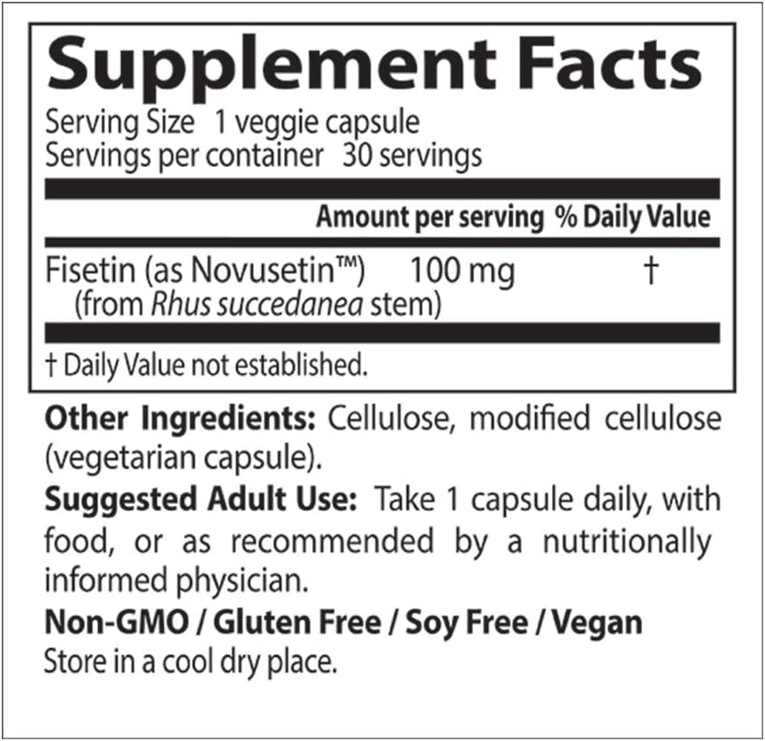 Non-GMO Vegan Fisetin with Novusetin Capsules, Gluten & Soy Free - 100mg, 30 Count
