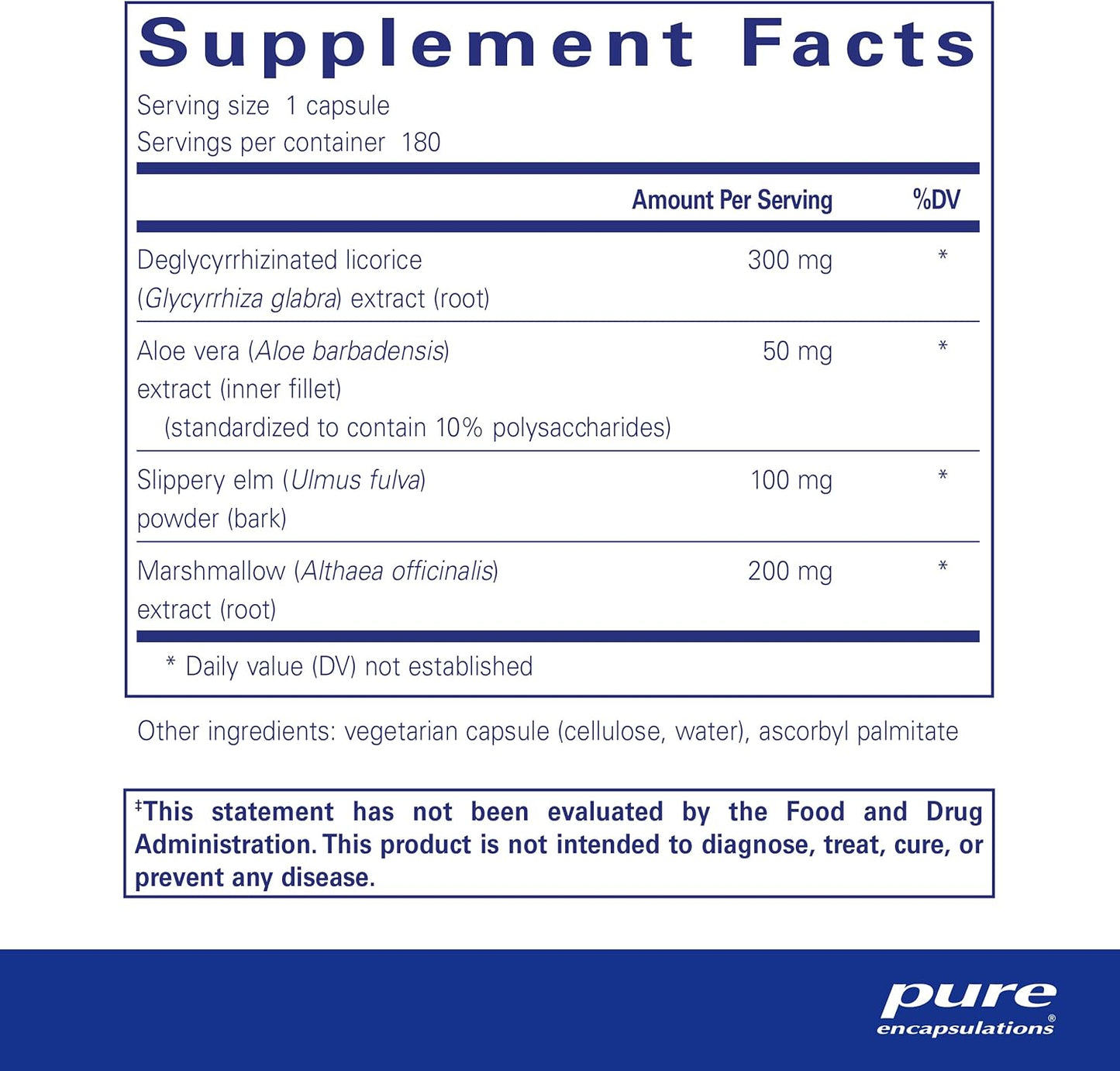 Non-GMO & Vegan Gut Health Supplements for Men & Women - Pure Encapsulations DGL Plus with Marshmallow Root, Aloe Vera Extract, Slippery Elm Bark - 180 Capsules