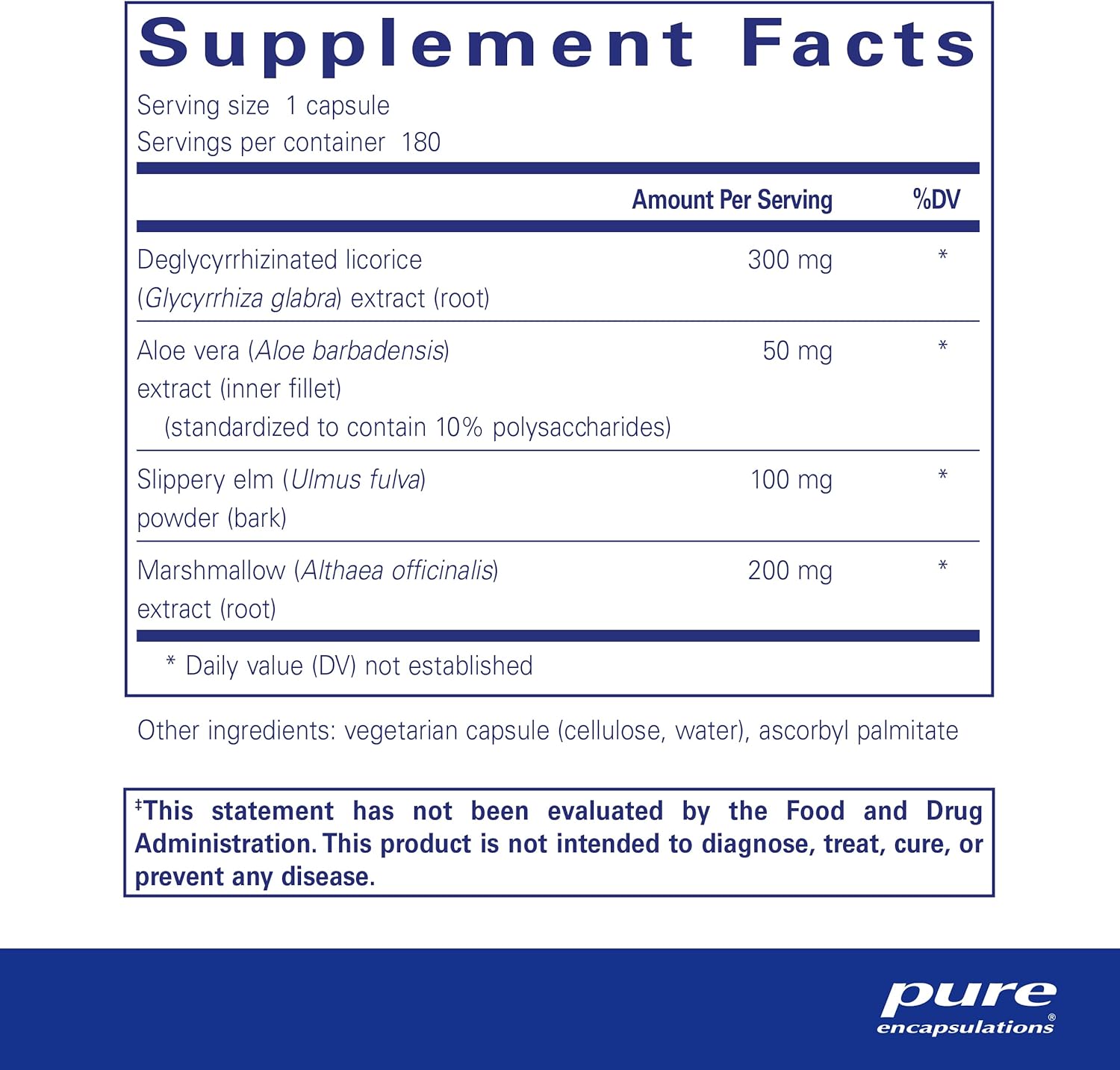 Non-GMO & Vegan Gut Health Supplements for Men & Women - Pure Encapsulations DGL Plus with Marshmallow Root, Aloe Vera Extract, Slippery Elm Bark - 180 Capsules