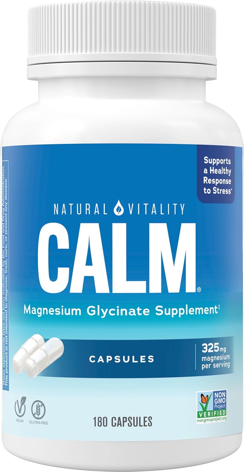 Non-GMO Vegan Magnesium Glycinate for Bone, Muscle, Heart & Nerve Health - Natural Vitality Calm, Gluten-Free 180ct