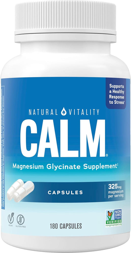 Non-GMO Vegan Magnesium Glycinate for Bone, Muscle, Heart & Nerve Health - Natural Vitality Calm, Gluten-Free 180ct
