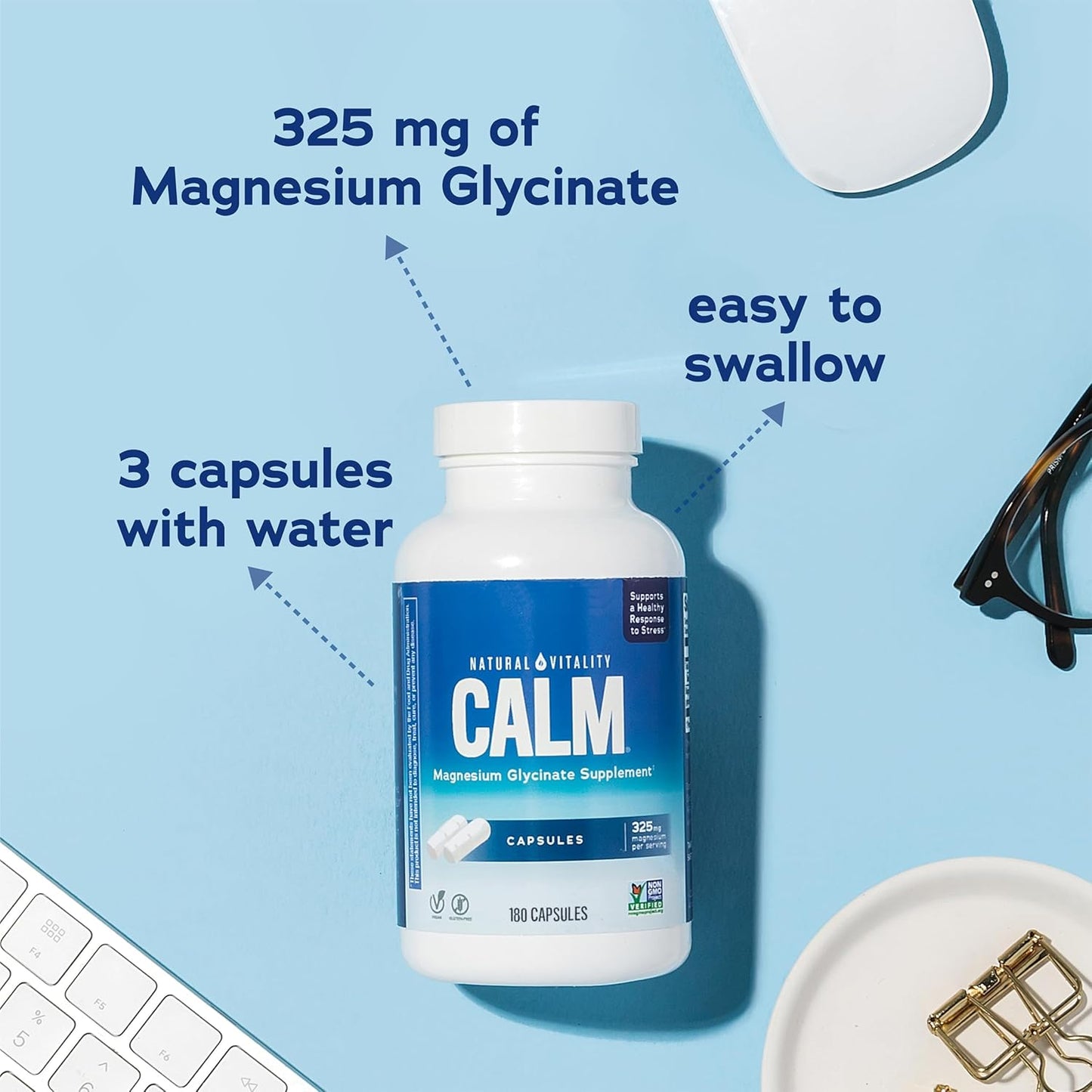 Non-GMO Vegan Magnesium Glycinate for Bone, Muscle, Heart & Nerve Health - Natural Vitality Calm, Gluten-Free 180ct