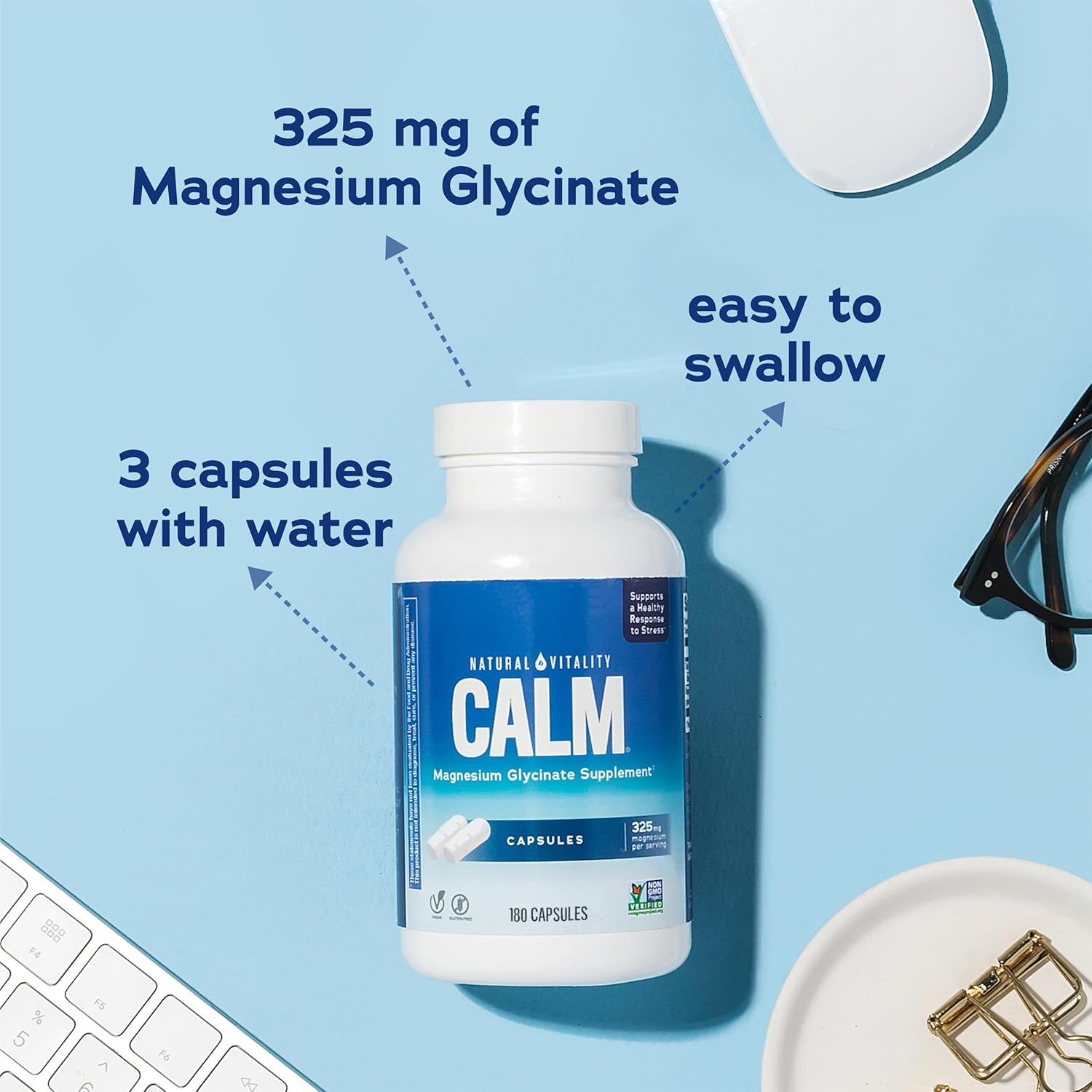 Non-GMO Vegan Magnesium Glycinate for Bone, Muscle, Heart & Nerve Health - Natural Vitality Calm, Gluten-Free 180ct