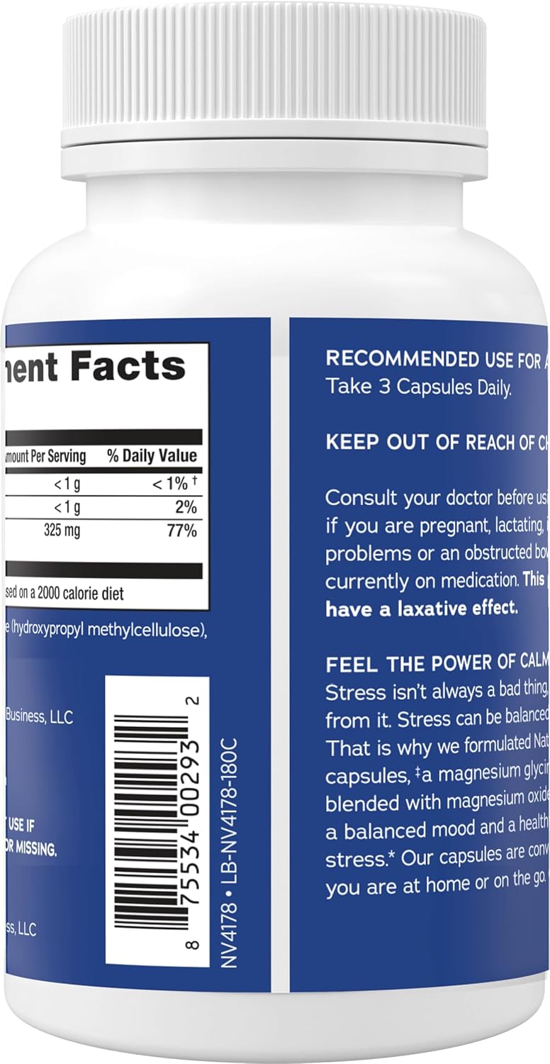 Non-GMO Vegan Magnesium Glycinate for Bone, Muscle, Heart & Nerve Health - Natural Vitality Calm, Gluten-Free 180ct