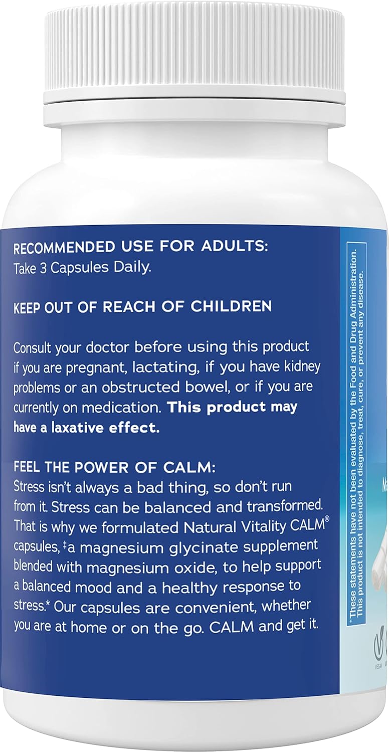 Non-GMO Vegan Magnesium Glycinate for Bone, Muscle, Heart & Nerve Health - Natural Vitality Calm, Gluten-Free 180ct