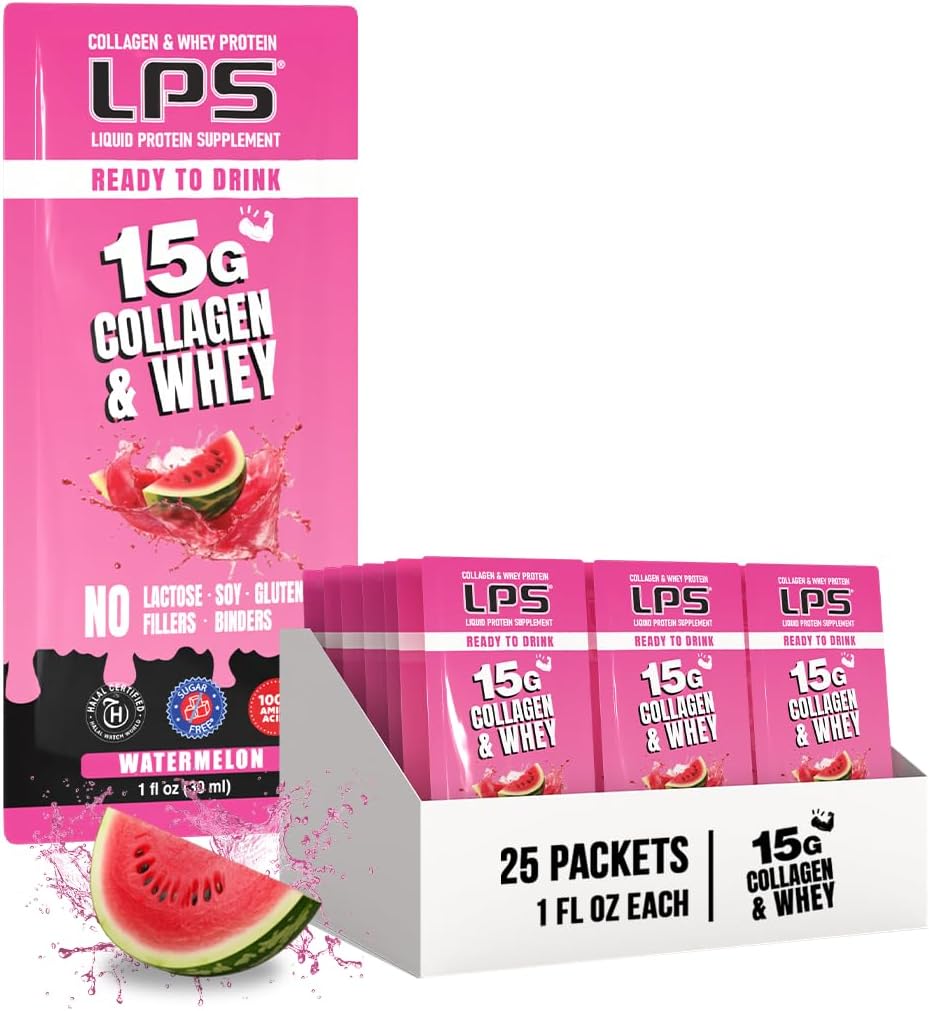 Non-GMO Watermelon Liquid Collagen & Whey Protein Supplement Drink - Sugar-Free, Single Serve Packets Promote Healthy Skin & Hair for Men & Women