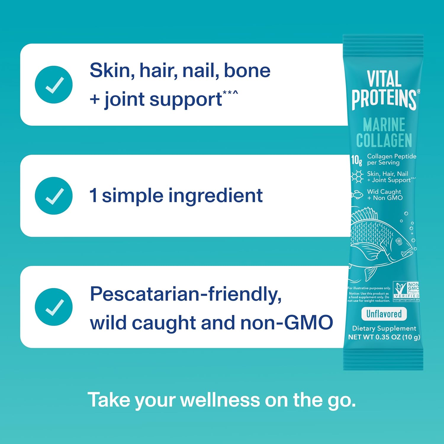 Non-GMO Wild-Caught Marine Collagen Stick Packs - Unflavored (10g) - 20 Pack Box