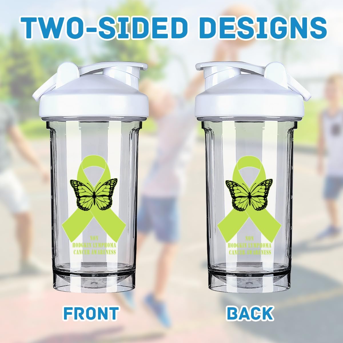 Non Hodgkin Lymphoma Cancer Awareness Shaker Bottle - Leak-proof Mixer for Pre Workout Protein Shakes - 18oz White Bottle