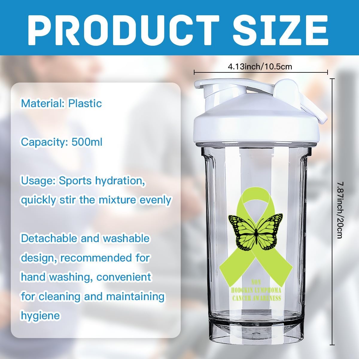 Non Hodgkin Lymphoma Cancer Awareness Shaker Bottle - Leak-proof Mixer for Pre Workout Protein Shakes - 18oz White Bottle