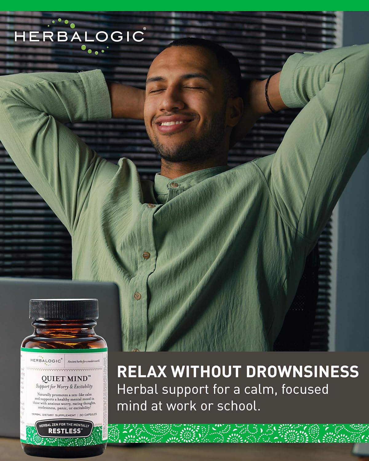 Non-Sedating Herbalogic Quiet Mind Capsules - Promotes Calmness and Eases Anxiety - Traditional Chinese Formula - 30 Capsules