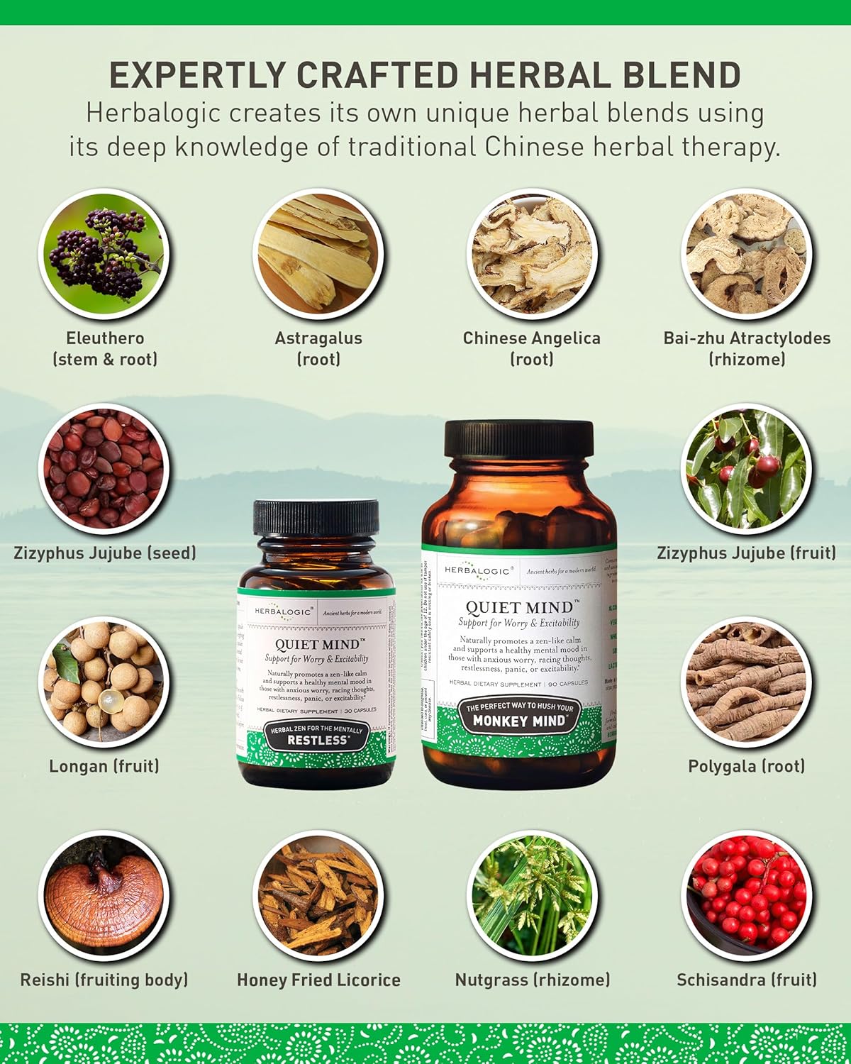 Non-Sedating Herbalogic Quiet Mind Capsules - Promotes Calmness and Eases Anxiety - Traditional Chinese Formula - 30 Capsules