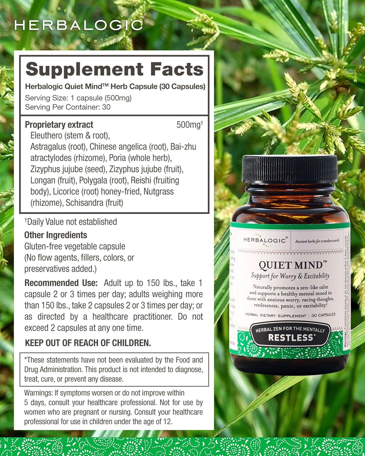 Non-Sedating Herbalogic Quiet Mind Capsules - Promotes Calmness and Eases Anxiety - Traditional Chinese Formula - 30 Capsules