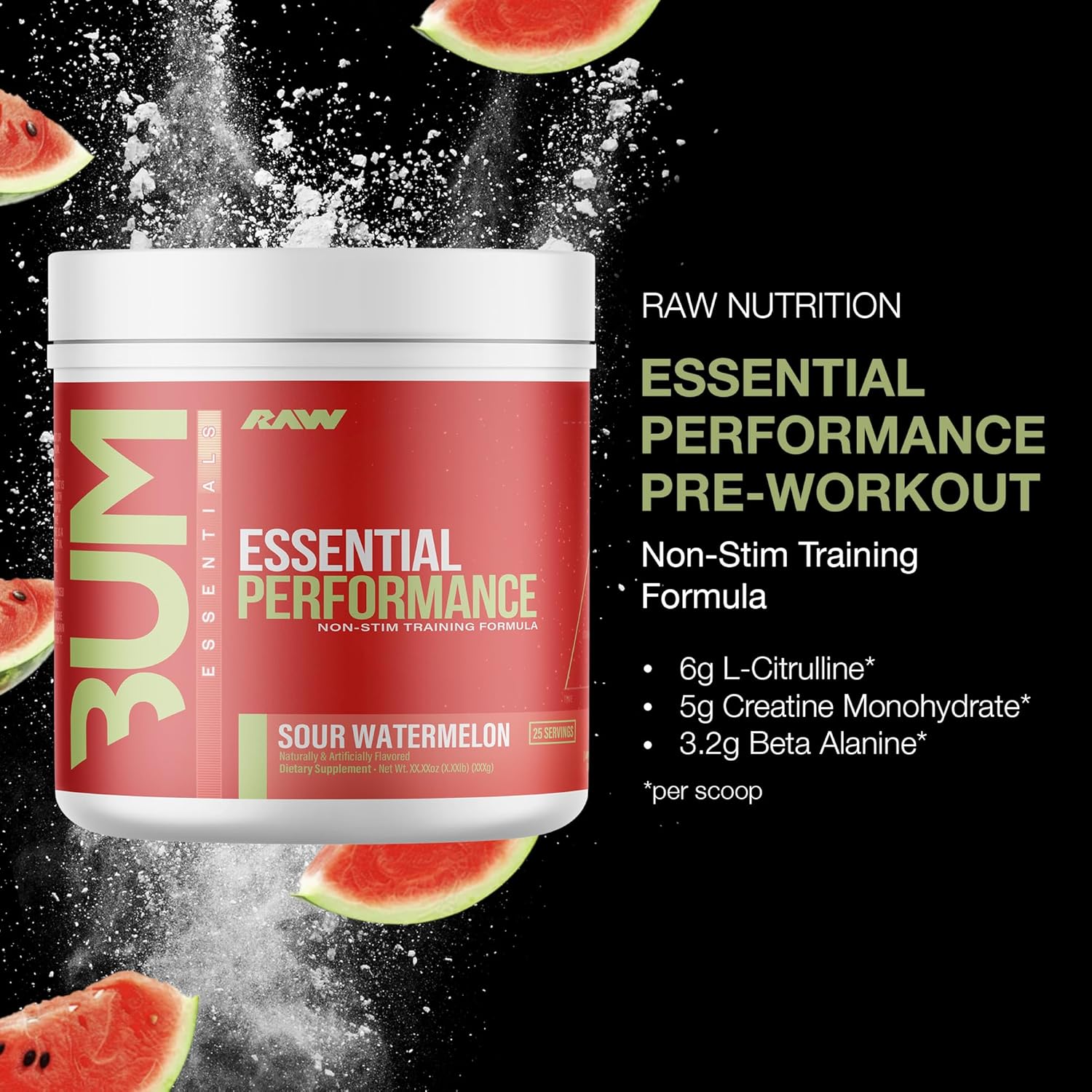 Non-Stimulant Pre-Workout Powder for Endurance, Strength, and Focus - Sour Watermelon Flavor with Creatine Monohydrate, L-Citrulline, and Beta Alanine