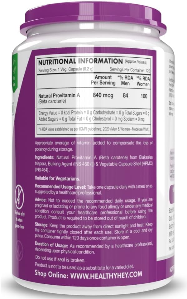 Non-Synthetic Natural Vitamin A Supplement from Beta Carotene | Non-GMO | 120 Veg Capsules