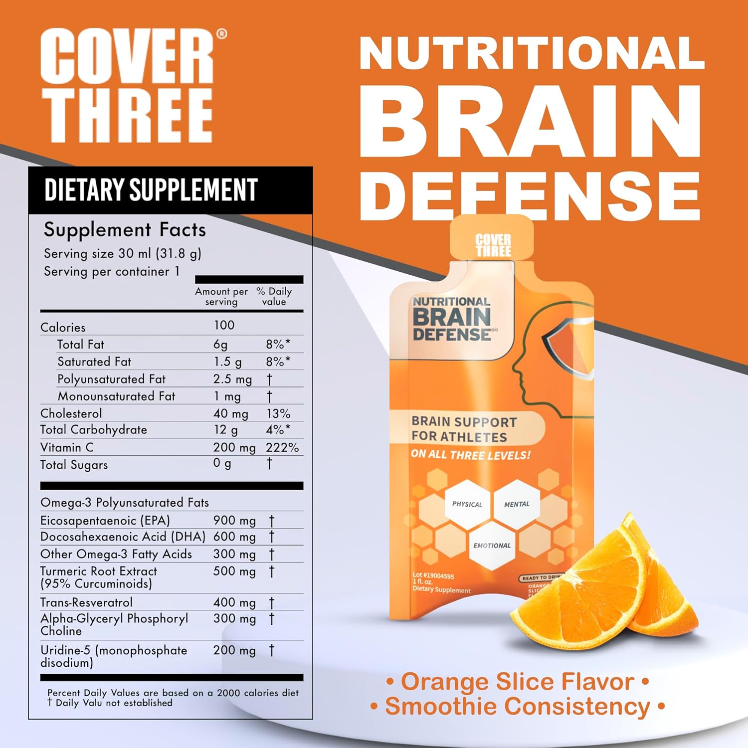 Nootropic Brain Supplement for Athletes & Active Adults - Boost Focus, Memory, Clarity, Recovery - Trans Resveratrol, Omega 3, Uridine, Alpha GPC - Orange Flavor - 30 Count