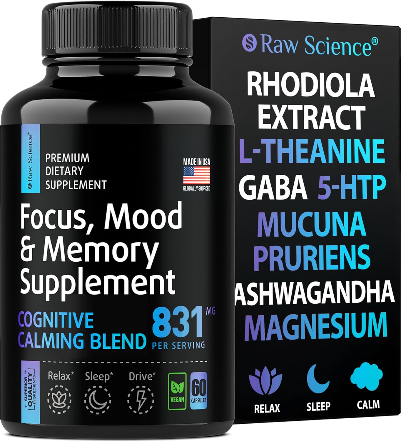 Nootropic Brain Supplements for Memory, Focus, and Mood Support - Ashwagandha, L-Theanine, Rhodiola Extract, GABA, 5HTP - 60 Capsules
