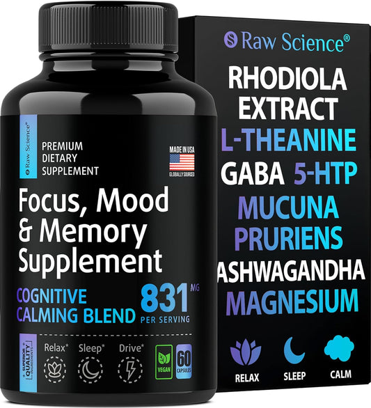 Nootropic Brain Supplements for Memory, Focus, and Mood Support - Ashwagandha, L-Theanine, Rhodiola Extract, GABA, 5HTP - 60 Capsules