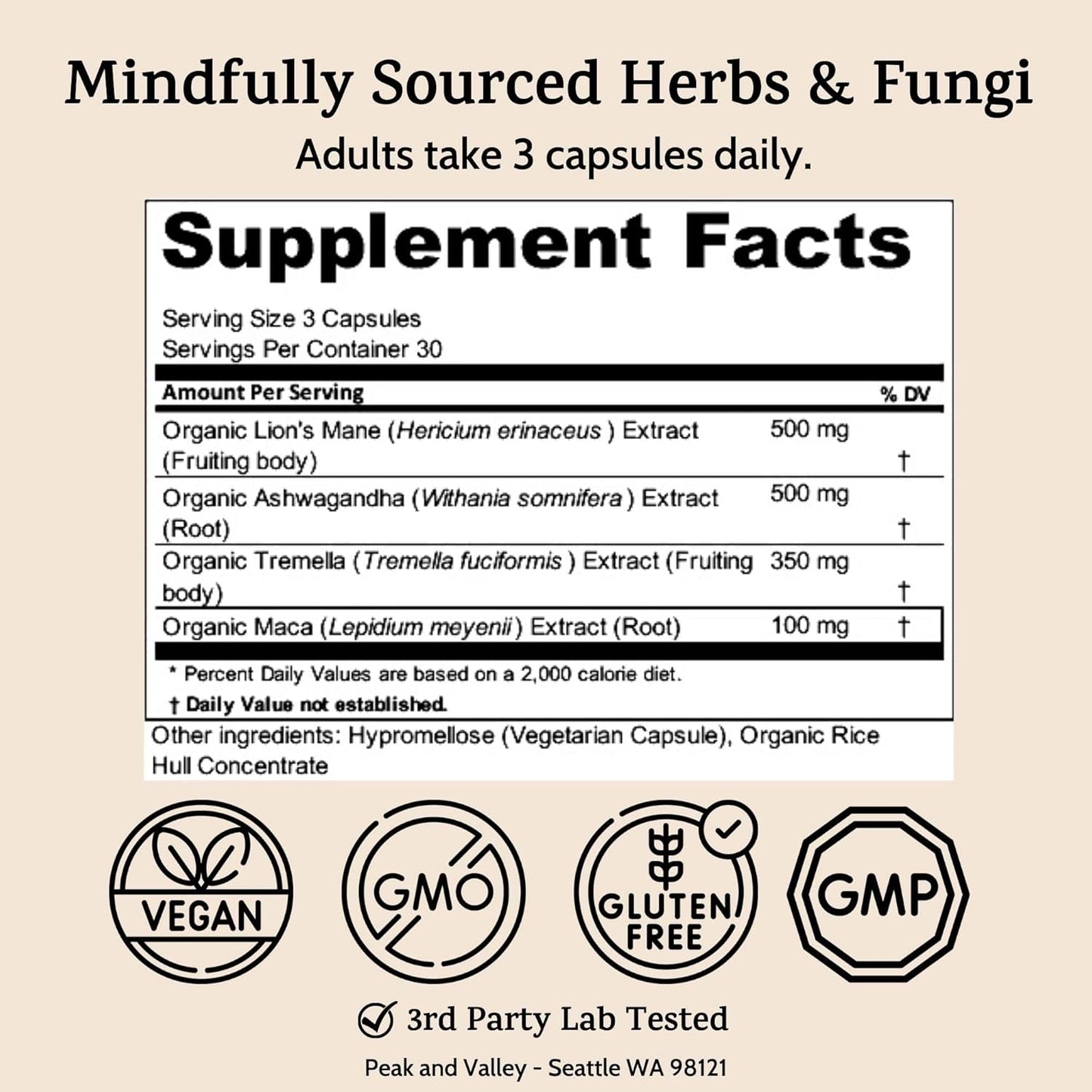Nootropic Brain Support Supplement with Lion's Mane & Ashwagandha - 1450mg, 90 Ct Capsules for Memory, Focus, Energy - Cognitive Formula for Adults & Seniors