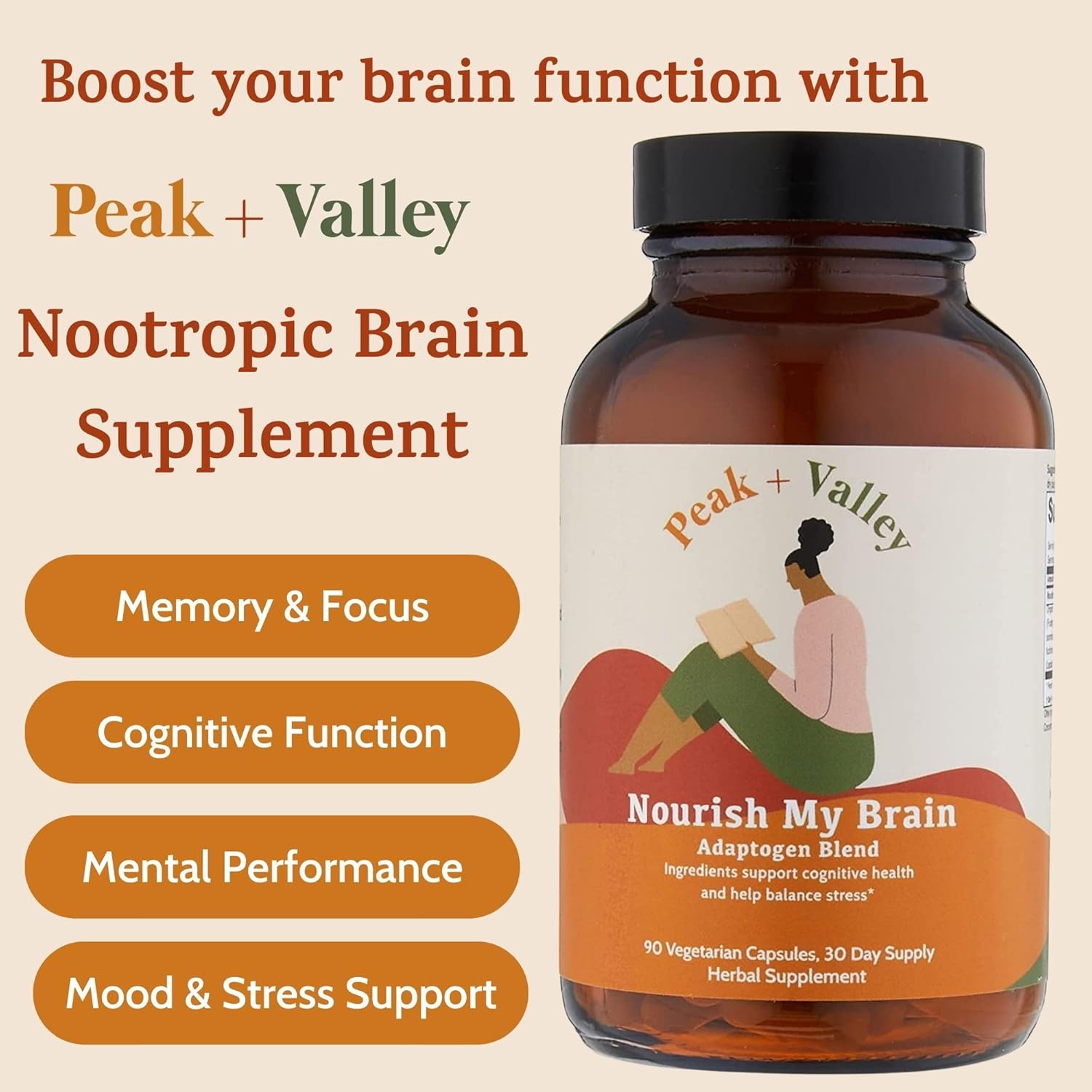 Nootropic Brain Support Supplement with Lion's Mane & Ashwagandha - 1450mg, 90 Ct Capsules for Memory, Focus, Energy - Cognitive Formula for Adults & Seniors
