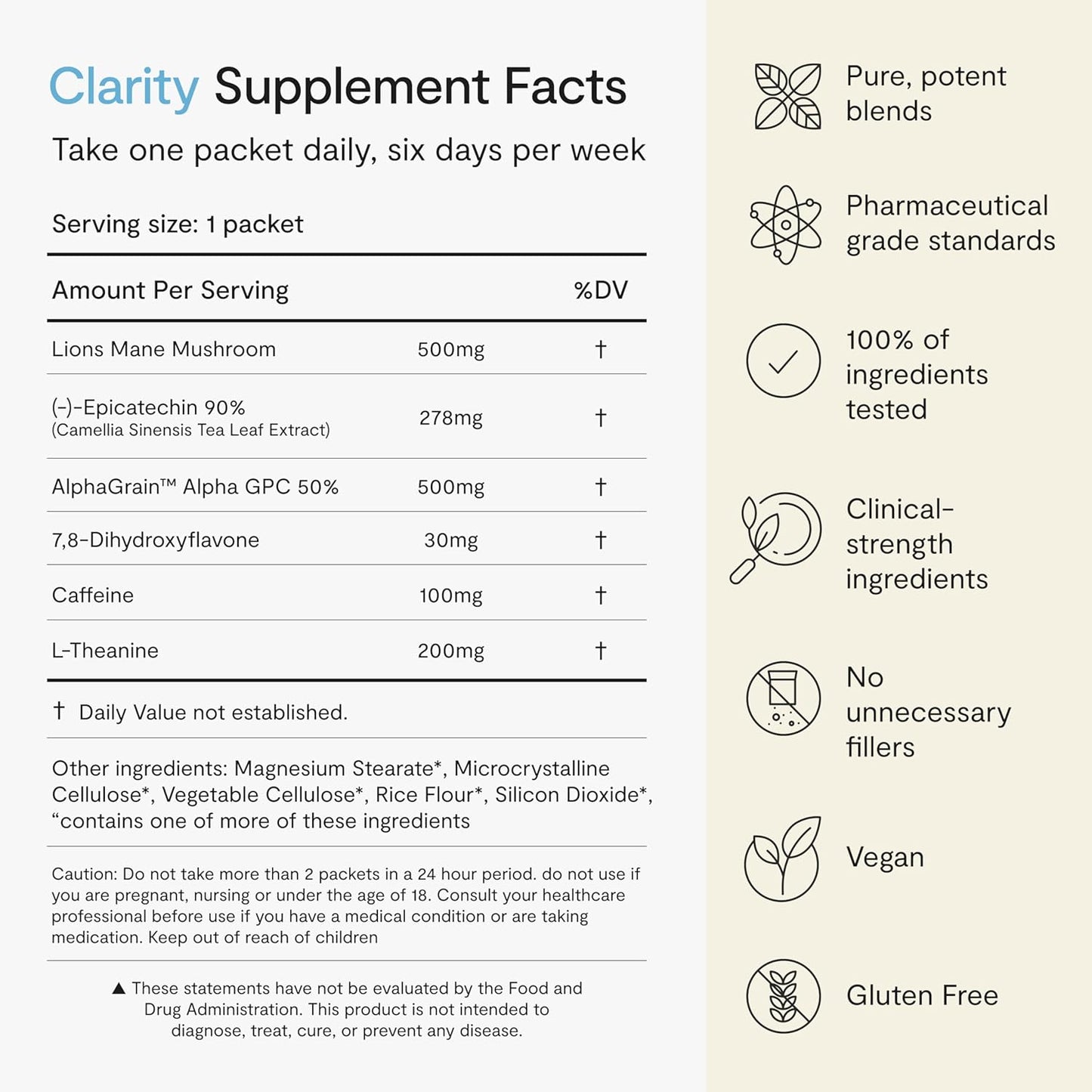 Nootropic Focus Supplements with Lion's Mane & Alpha GPC - Brain Support for Enhanced Clarity & Concentration (12 Servings)
