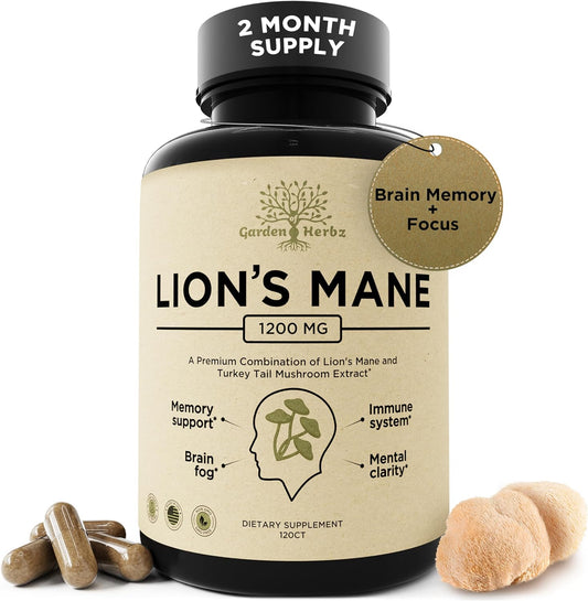 Nootropic Lions Mane Mushroom & Turkey Tail Capsules for Brain Fog & Immune Support - 1200 Mg Supplement, 120 Capsules