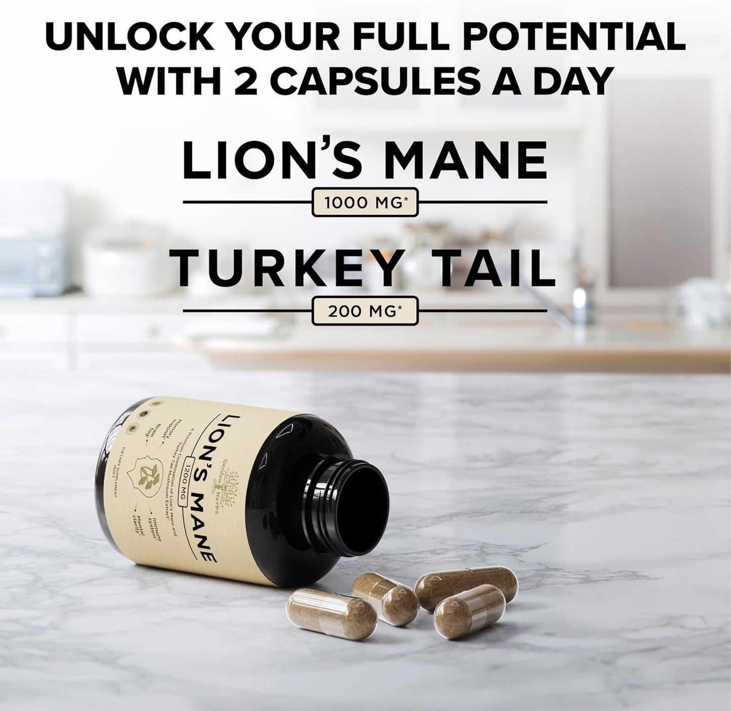 Nootropic Lions Mane Mushroom & Turkey Tail Capsules for Brain Fog & Immune Support - 1200 Mg Supplement, 120 Capsules