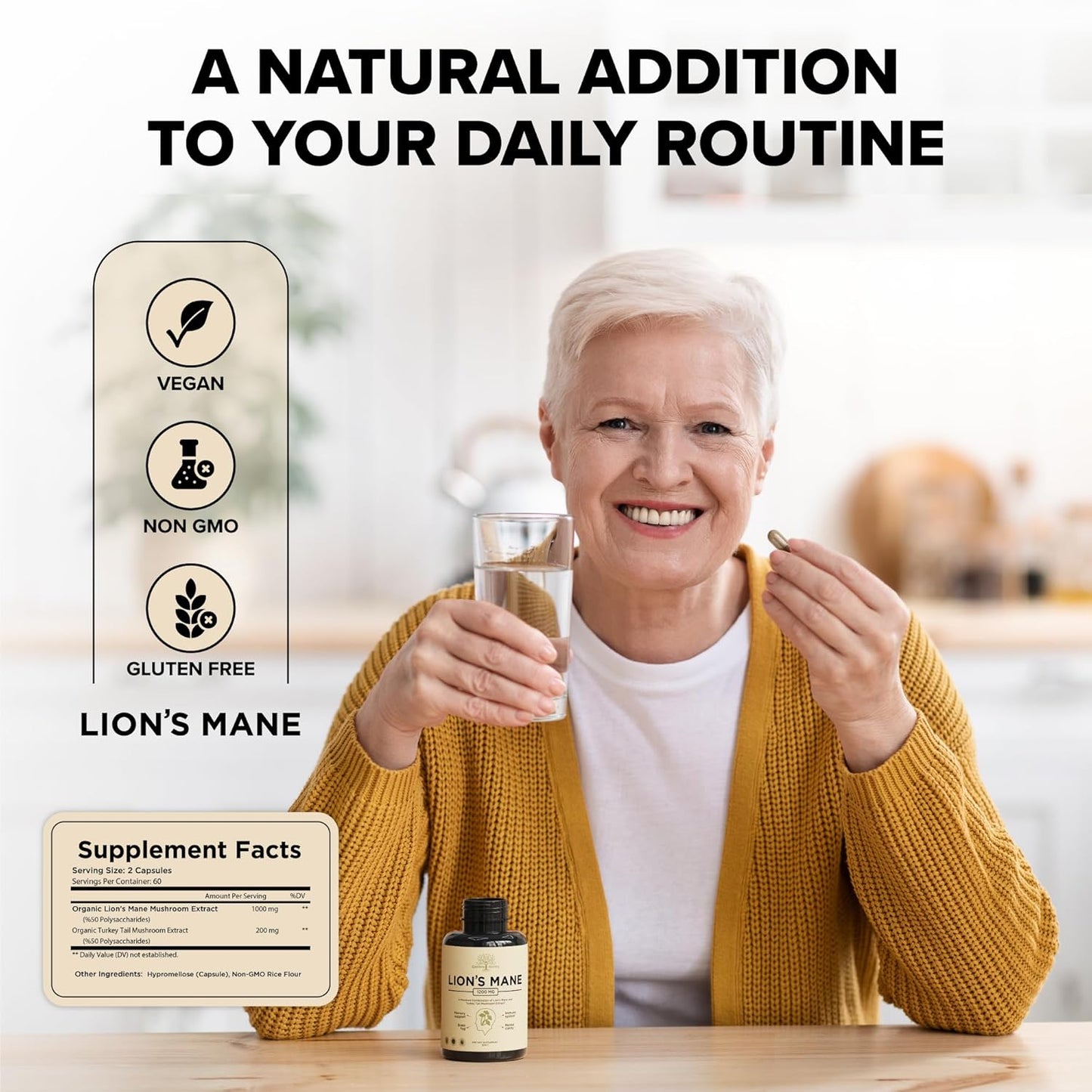 Nootropic Lions Mane Mushroom & Turkey Tail Capsules for Brain Fog & Immune Support - 1200 Mg Supplement, 120 Capsules
