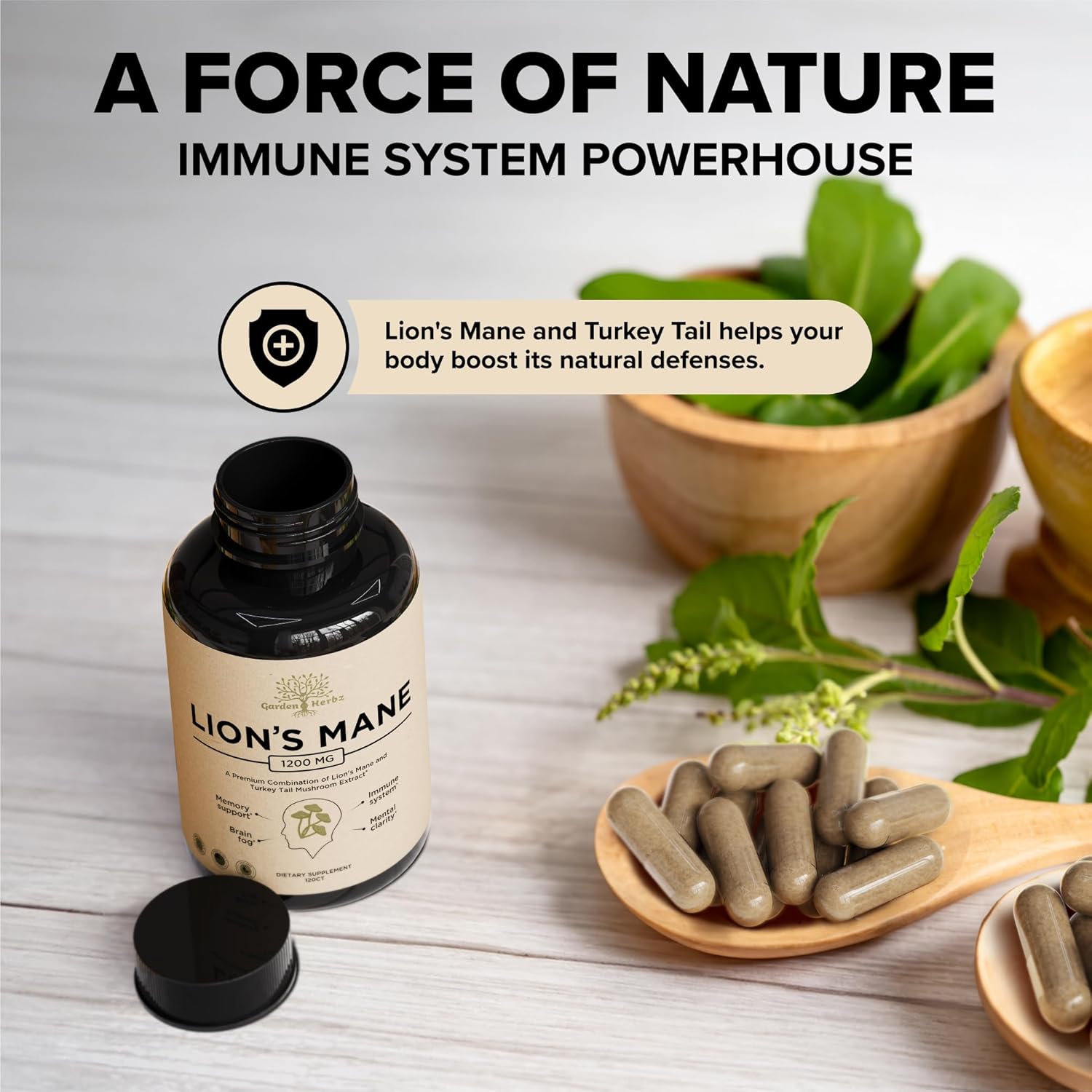 Nootropic Lions Mane Mushroom & Turkey Tail Capsules for Brain Fog & Immune Support - 1200 Mg Supplement, 120 Capsules