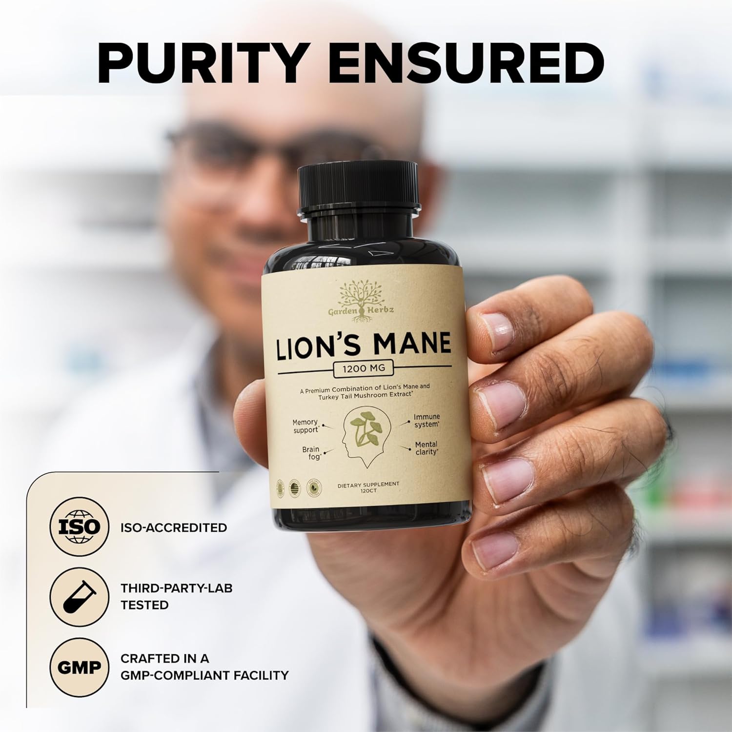 Nootropic Lions Mane Mushroom & Turkey Tail Capsules for Brain Fog & Immune Support - 1200 Mg Supplement, 120 Capsules