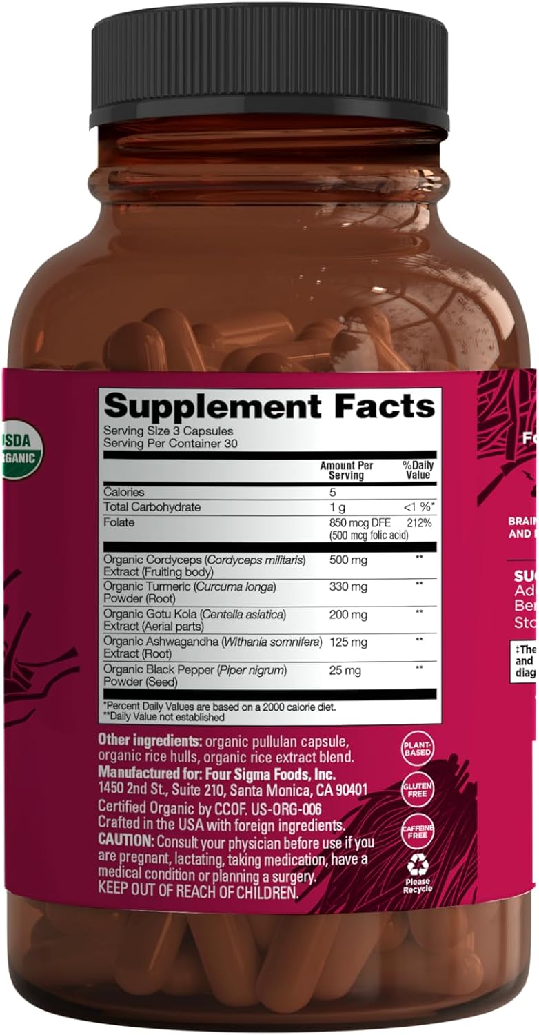 Nootropic Memory Support Capsules with Cordyceps, Turmeric & Ashwagandha | Improve Focus & Mental Clarity | 30 Servings