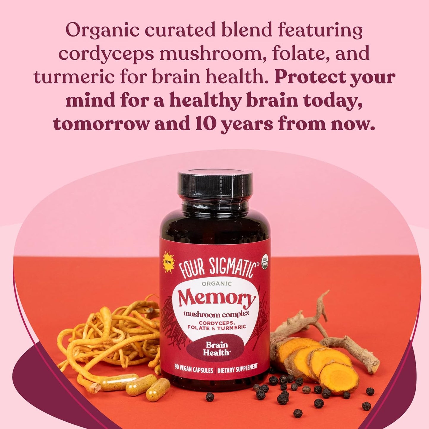 Nootropic Memory Support Capsules with Cordyceps, Turmeric & Ashwagandha | Improve Focus & Mental Clarity | 30 Servings