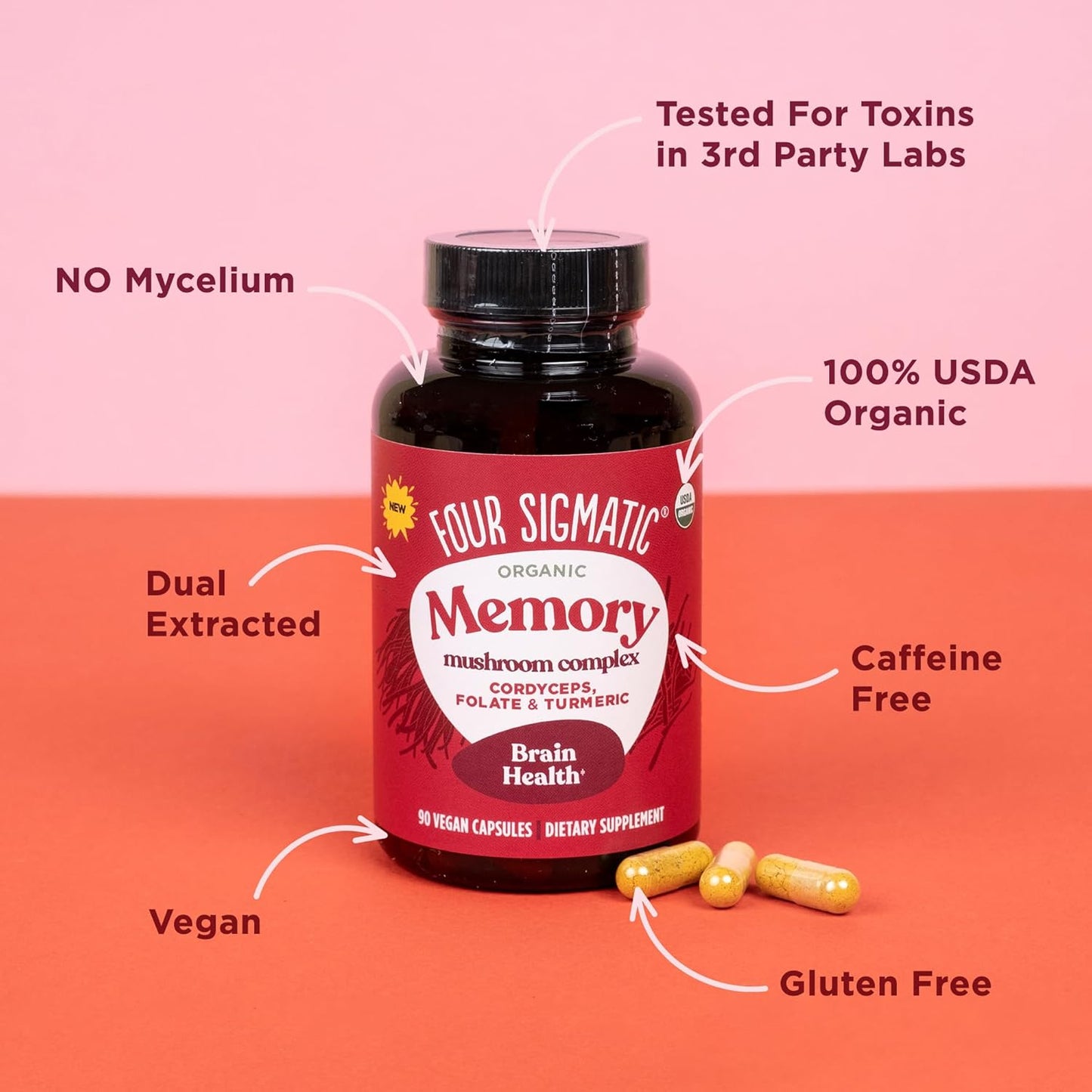 Nootropic Memory Support Capsules with Cordyceps, Turmeric & Ashwagandha | Improve Focus & Mental Clarity | 30 Servings