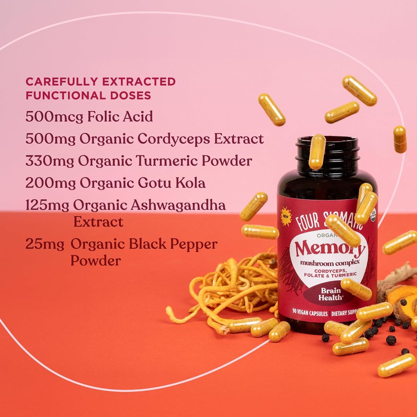 Nootropic Memory Support Capsules with Cordyceps, Turmeric & Ashwagandha | Improve Focus & Mental Clarity | 30 Servings