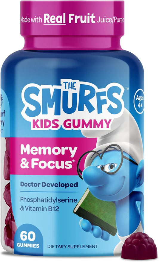 Nootropic Smurfs Gummies for Kids with Vitamin B12 & L-Theanine | Laser Focus & Memory Support | Real Fruit | 60 Vegan Gummies