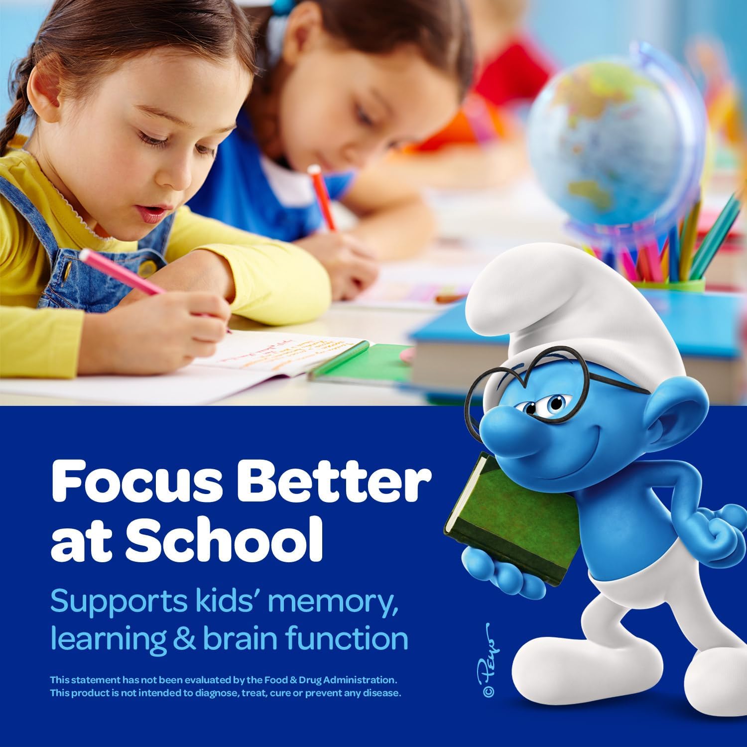 Nootropic Smurfs Gummies for Kids with Vitamin B12 & L-Theanine | Laser Focus & Memory Support | Real Fruit | 60 Vegan Gummies