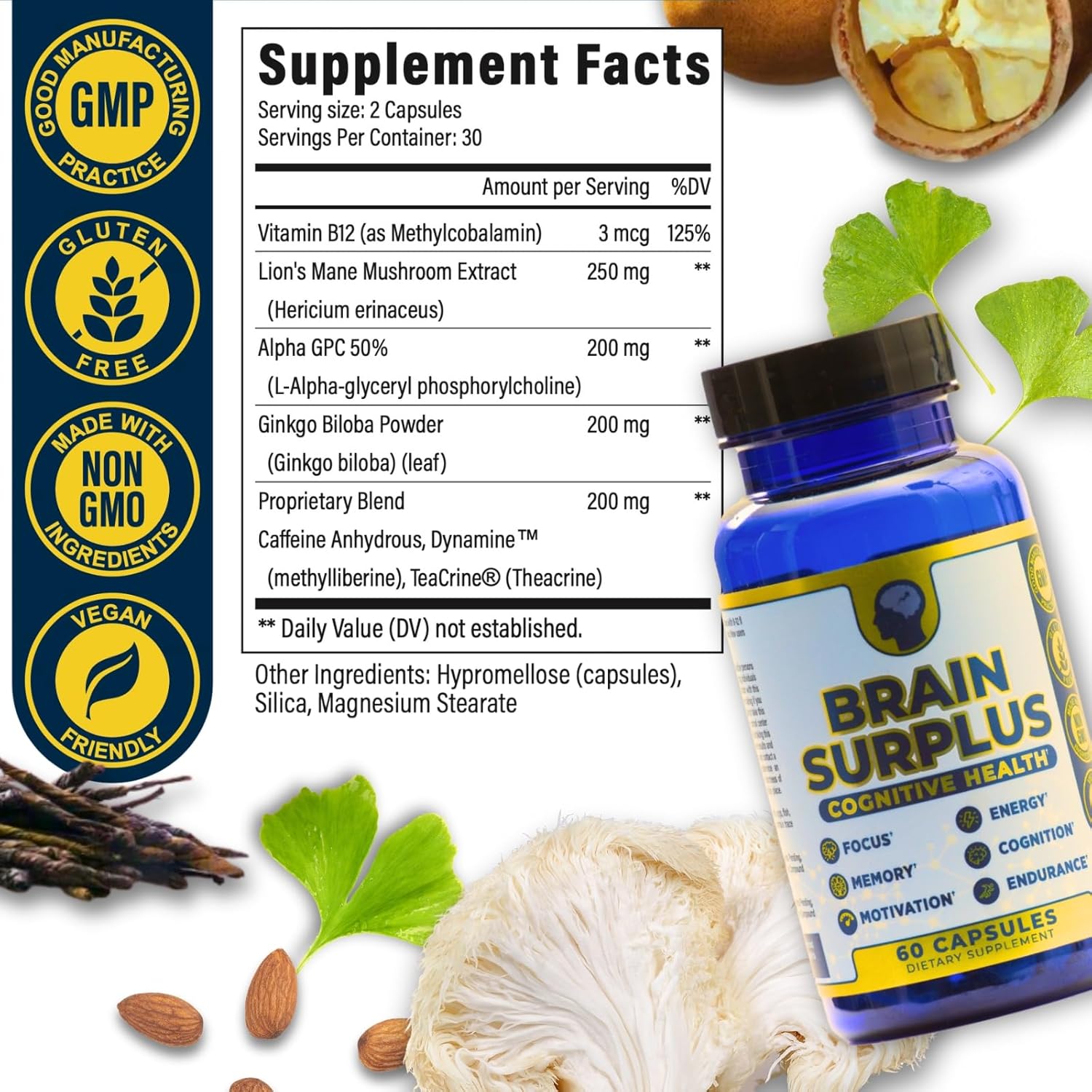 Nootropic Supplement for Memory, Focus, Energy with Lions Mane, Ginkgo Biloba, Alpha GPC, Vitamin B12 - Non GMO, Vegan, Gluten Free