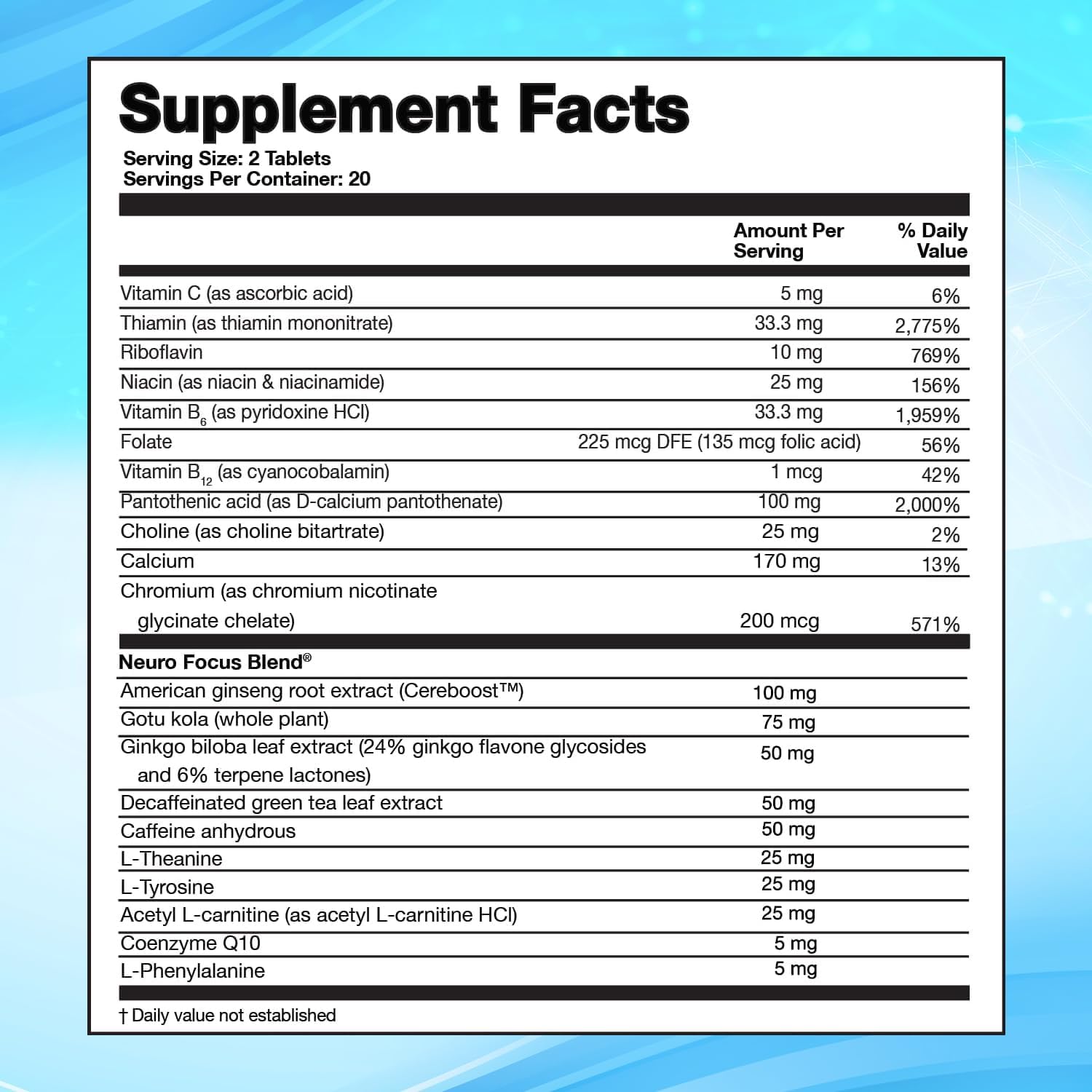 Nootropic Supplement for Men & Women - Enhances Concentration, Memory, and Brain Function with Vitamins, Choline, Ginseng, Gingko & More - 40 Count